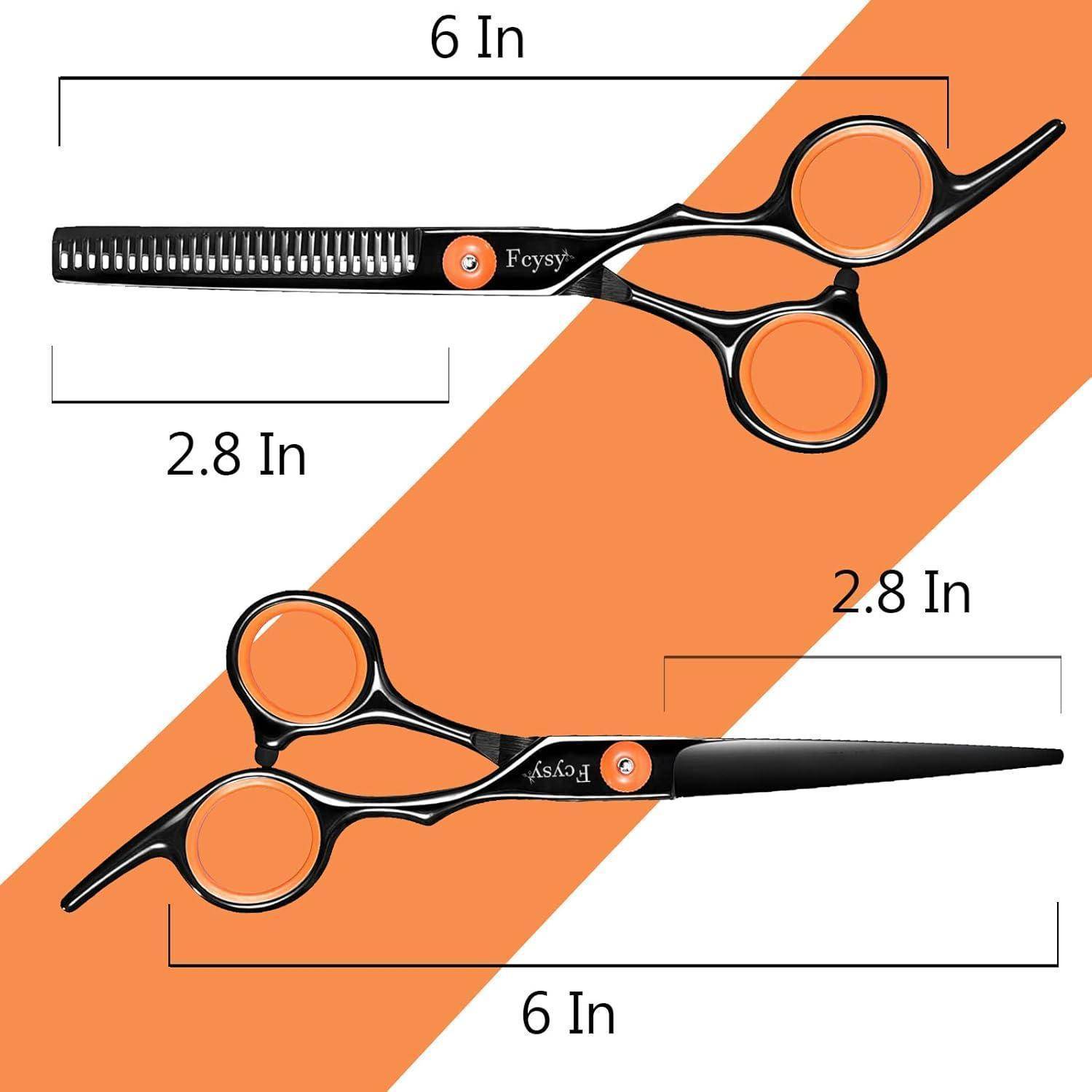 Scherenset mit Maßangaben: 6 Zoll Länge, wobei die Modellierschere eine Breite von 2,8 Zoll aufweist; beide verfügen über komplizierte Griffdesigns.
