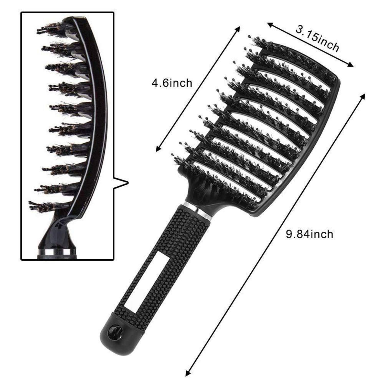 Ein schwarzer Haarborstenpinsel mit gekrümmten Borsten. Abmessungen: 24,9 cm lang, 8 cm breit und ein 11,7 cm langer Abschnitt im Detail dargestellt.
