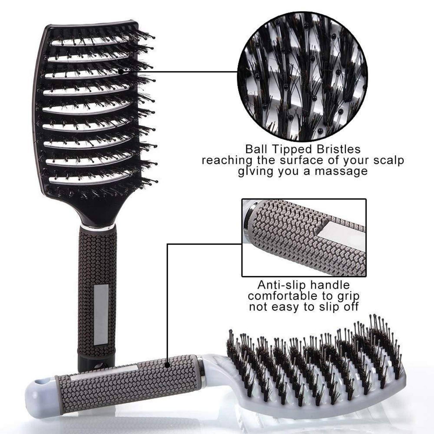 Eine schwarze Haarbürste mit gebogenen, kugelförmigen Borsten zur Kopfmassage und einem rutschfesten Griff für einen bequemen Halt.