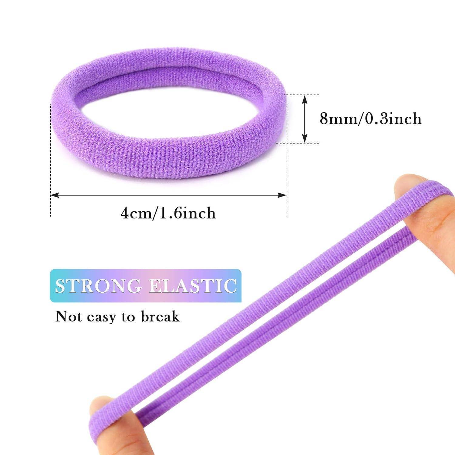 Lila elastisches Haargummi mit einem Durchmesser von 4 cm/1,6 Zoll und einer Dicke von 8 mm/0,3 Zoll, mit der Aufschrift 
