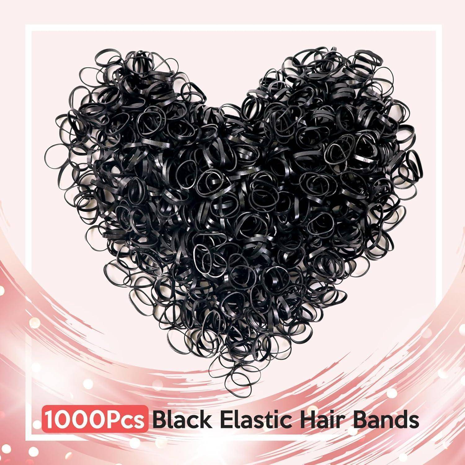 1000 Stk. Schwarze Elastische Haarbänder in Herzform auf einem pinkfarbenen Hintergrund mit weißen Punkten, die Menge und Produkttyp hervorheben.