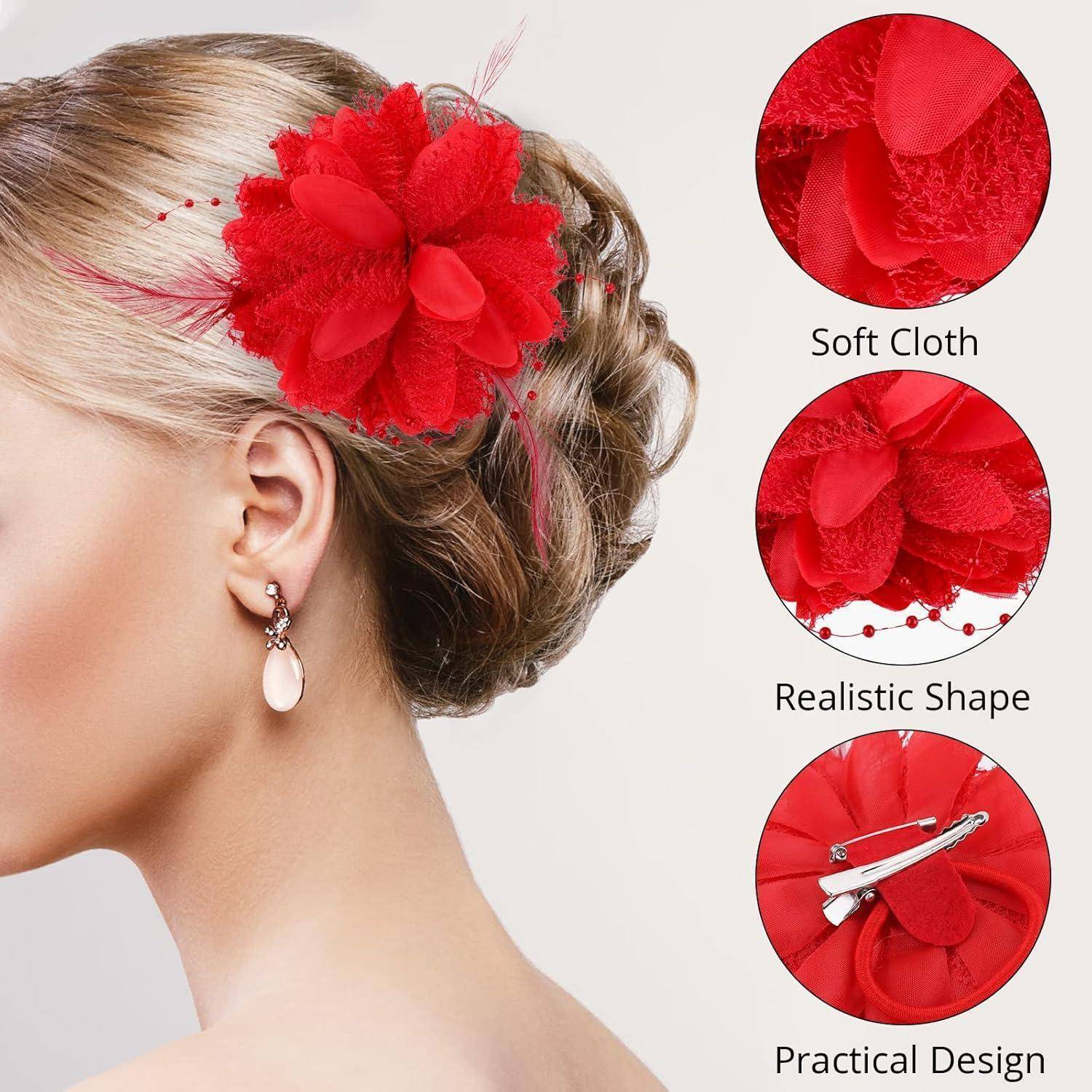 Blumenclips Haarnadel Federn Clip Rot Rosen Haarspange Hochzeit