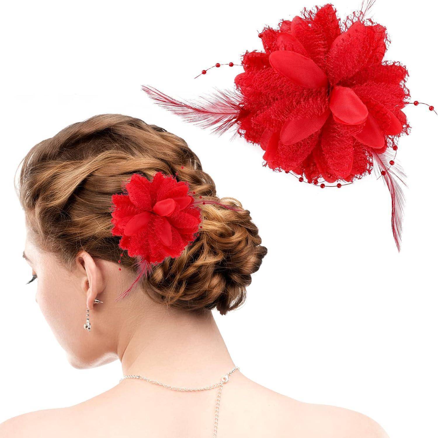 Blumenclips Haarnadel Federn Clip Rot Rosen Haarspange Hochzeit