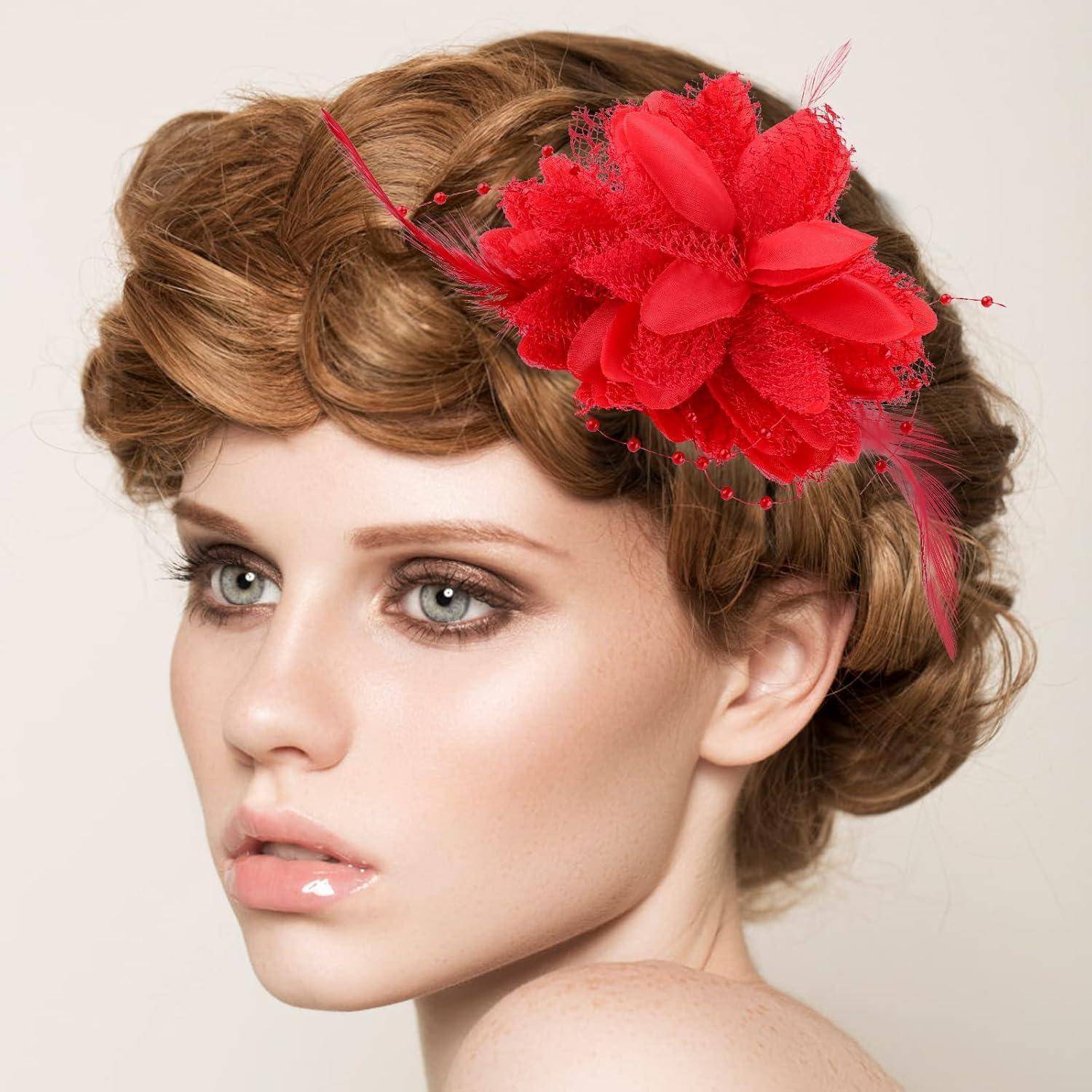 Blumenclips Haarnadel Federn Clip Rot Rosen Haarspange Hochzeit