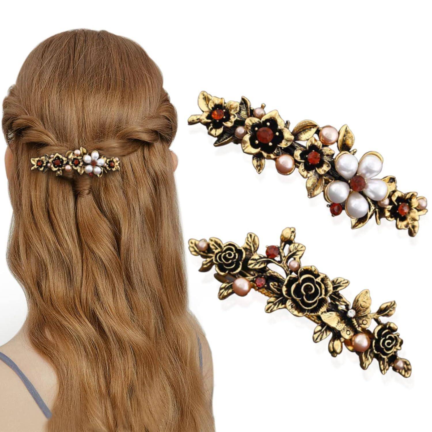 Automatische Haarspangen Damen Vintage Groß Blume Kristall Perle Hair