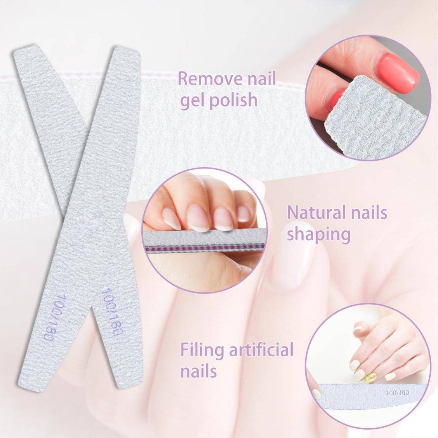 Nagelfeile mit verschiedenen Anwendungsmöglichkeiten gezeigt: zum Entfernen von Gellack, Formen von natürlichen Nägeln und Feilen von künstlichen Nägeln.