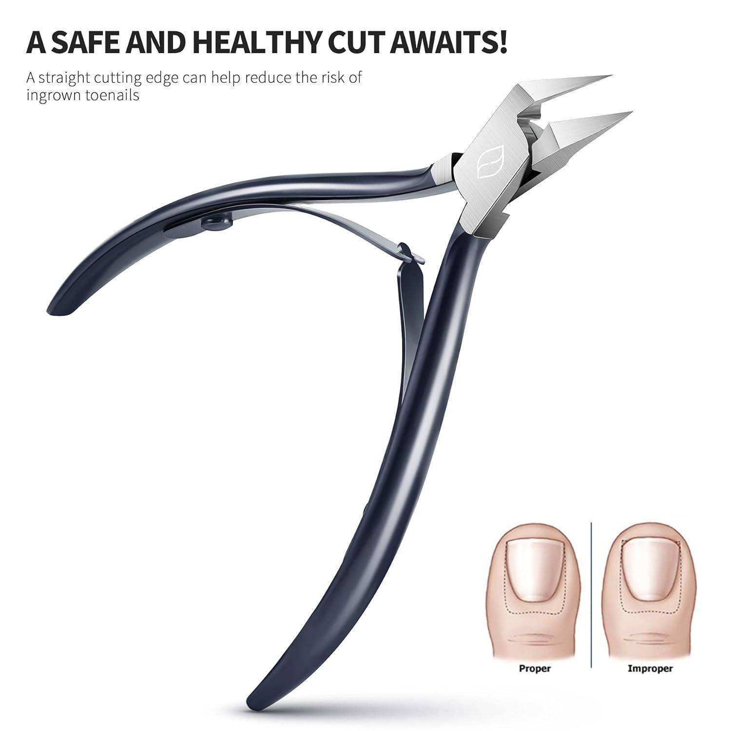 Nagelknipser-Anzeige mit einem gebogenen Knipser und zwei Zehennagelbildern, die als 'Korrekt' und 'Inkorrekt' gekennzeichnet sind, die sicheres und gesundes Nagelschneiden bewerben.