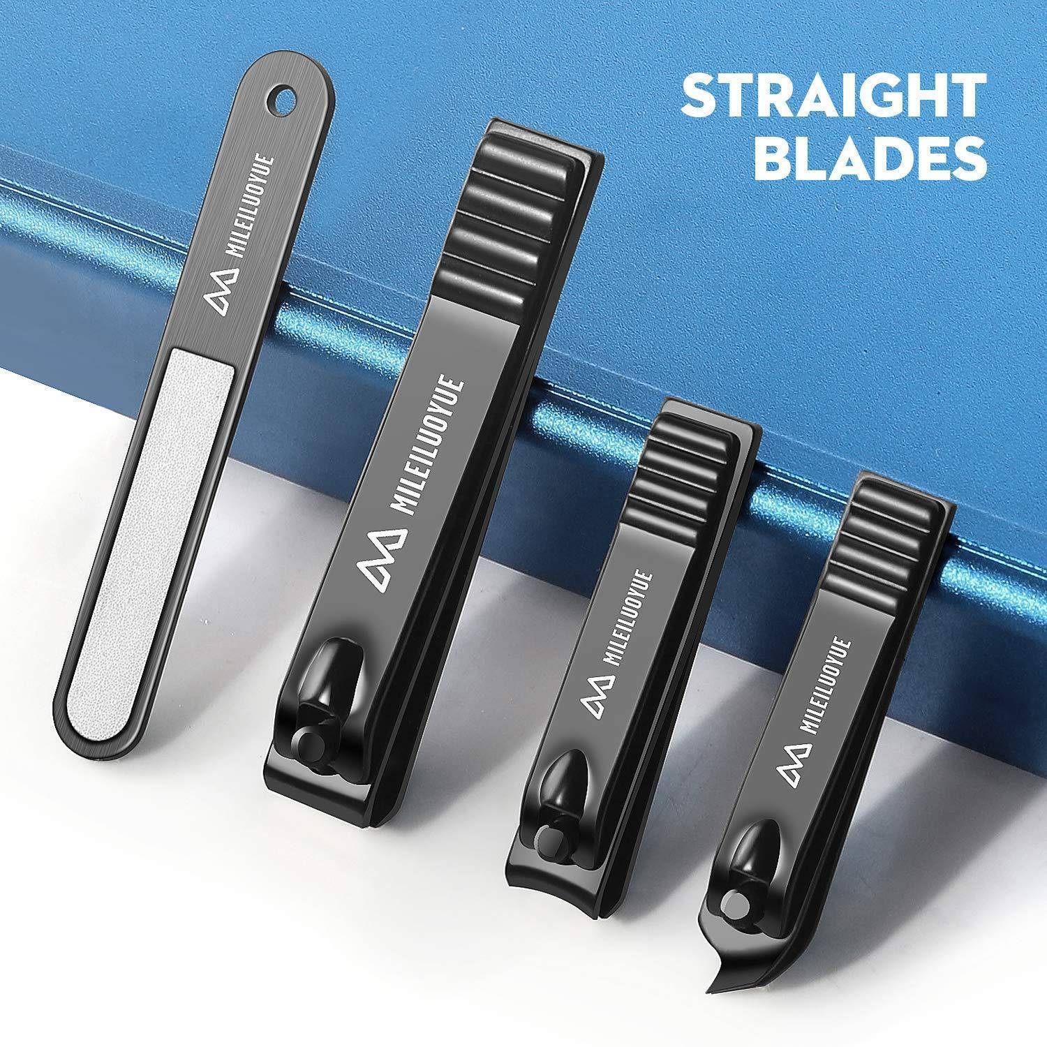 Nagelpflegeset mit einer Feile und drei Klippern unterschiedlicher Größen mit dem Text ‚STRAIGHT BLADES' auf blauem Hintergrund.