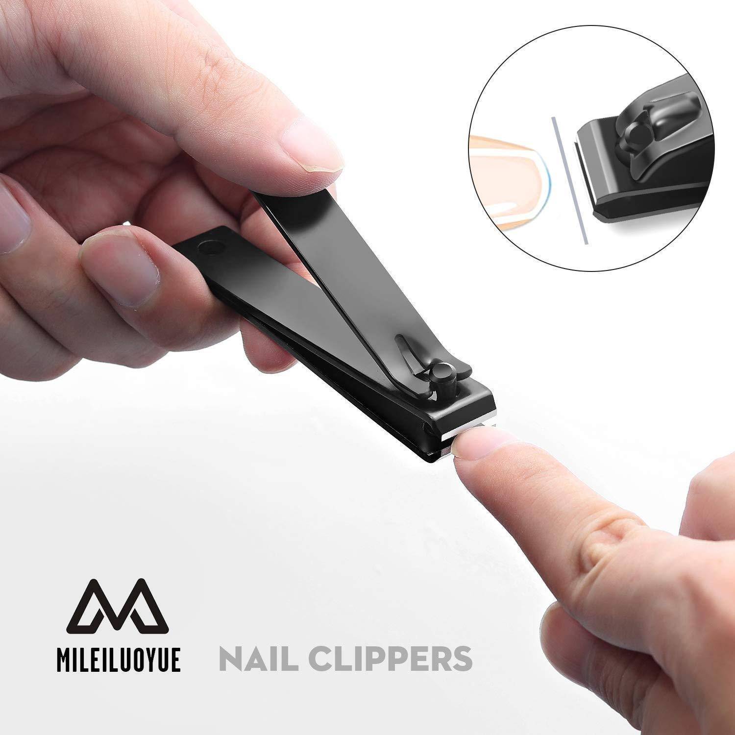 Eine Hand benutzt schwarze Nagelknipser, um einen Fingernagel zu schneiden. Eine Detailansicht zeigt die scharfen Klingen aus der Nähe. Die Marke „Milesnail Clippers