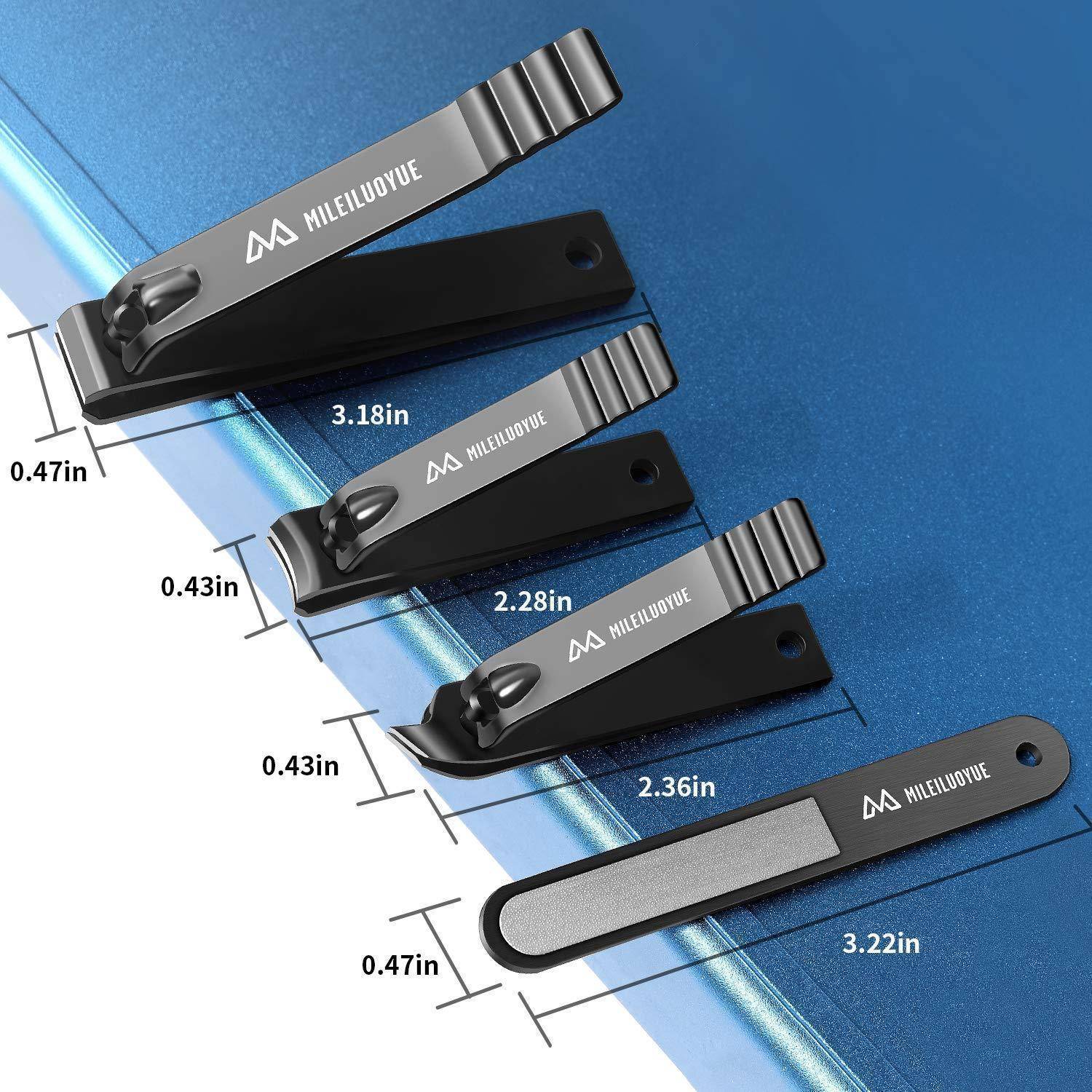 Vier schwarze und silberne Nagelscheren unterschiedlicher Größen, mit Abmessungen gekennzeichnet: 3,18 cm, 2,81 cm, 2,36 cm, 3,22 cm, alle 0,47 cm breit.
