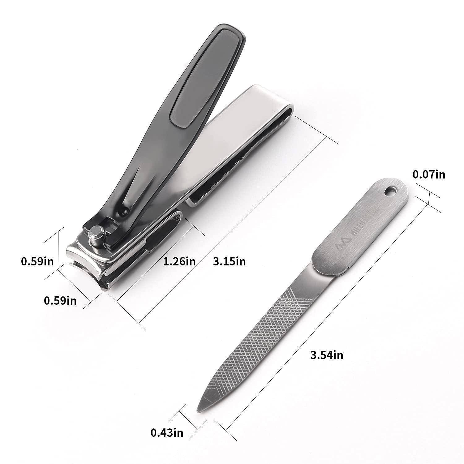 Nagelschere und Metallnagelfeile auf weißem Hintergrund mit beschrifteten Abmessungen: Schere - 8 cm x 1,5 cm; Feile - 9 cm x 1,1 cm.