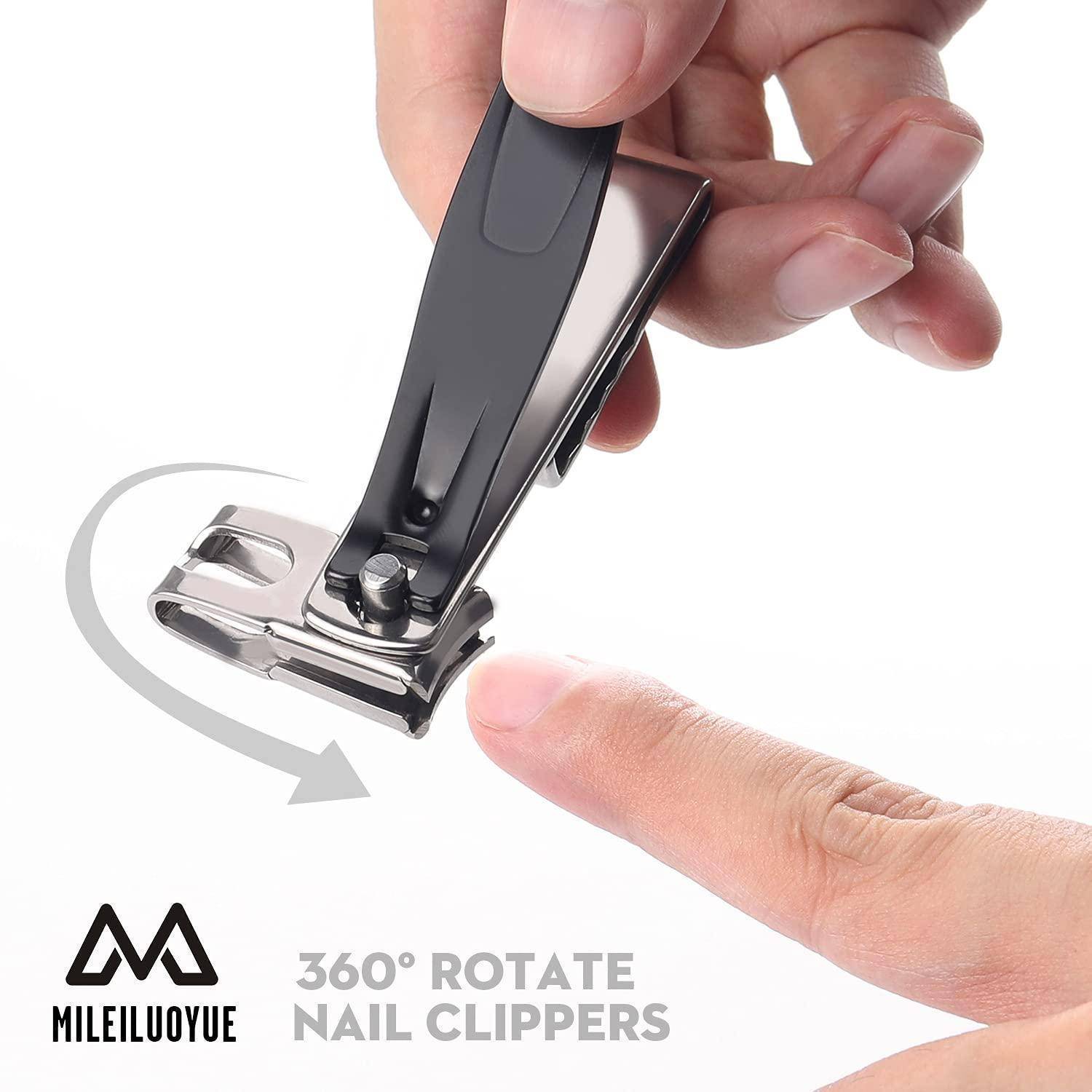 Eine Hand verwendet einen 360-Grad rotierenden Nagelschneider, um einen Fingernagel zu trimmen. Text lautet: 'MILEILUOYUE 360° ROTIERENDER NAGELSCHNEIDER'.