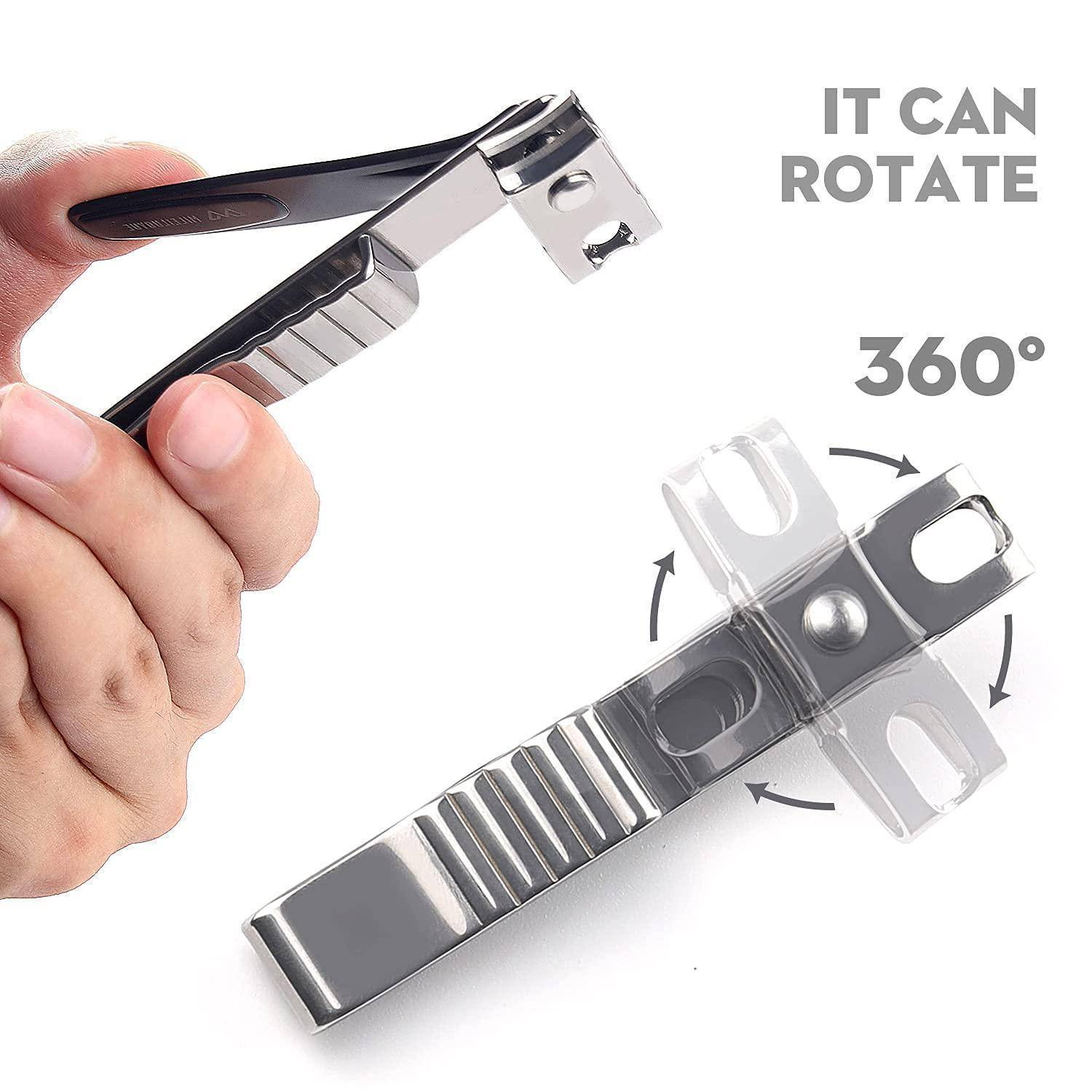 Eine Hand hält eine Nagelschere mit einer 360-Grad-Rotationsfunktion, die durch einen Pfeil hervorgehoben wird. Text lautet: 'Sie kann um 360° rotieren'.