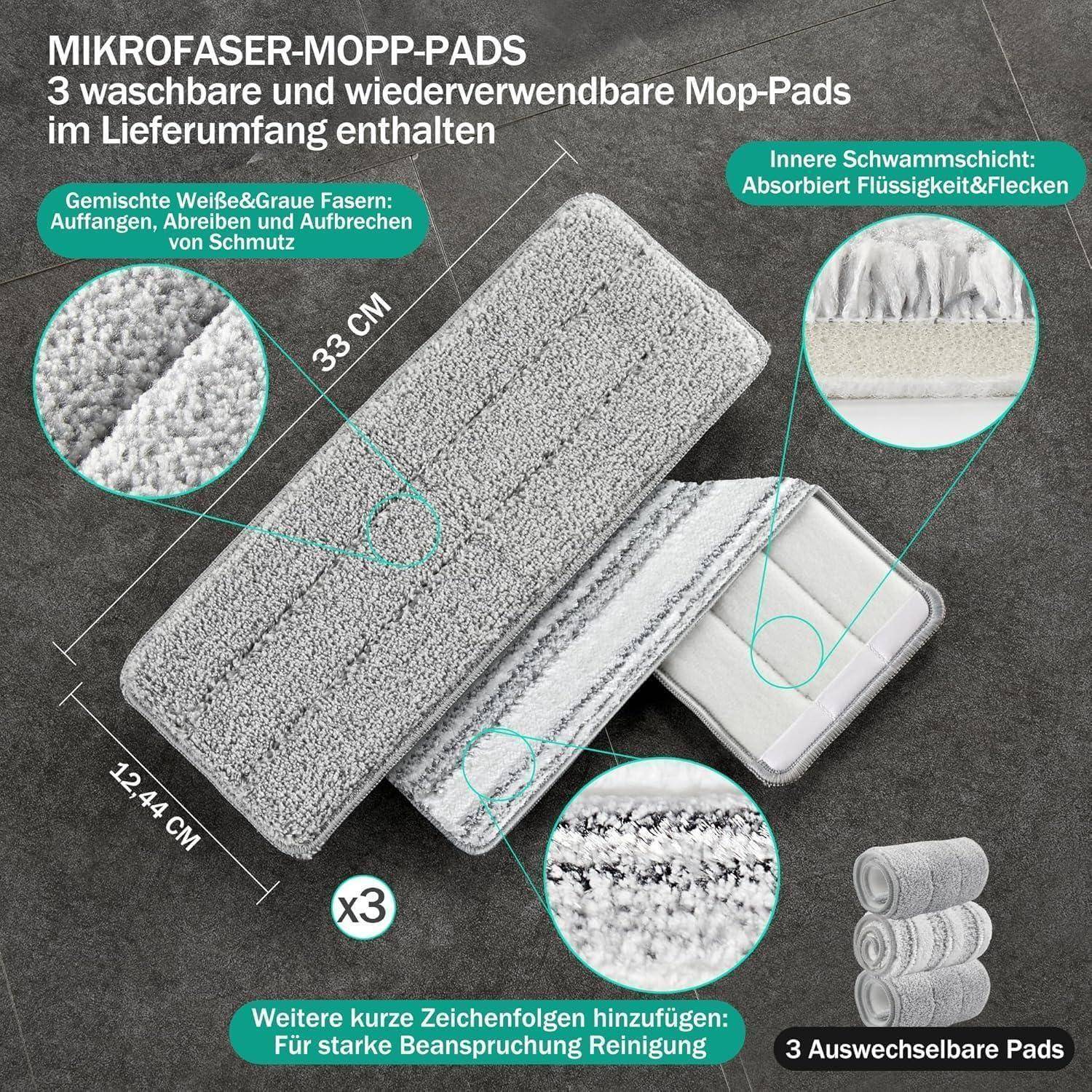 Wischemop Set mit Eimer, Auswringfunktion, 3 Mikrofaser-Pads