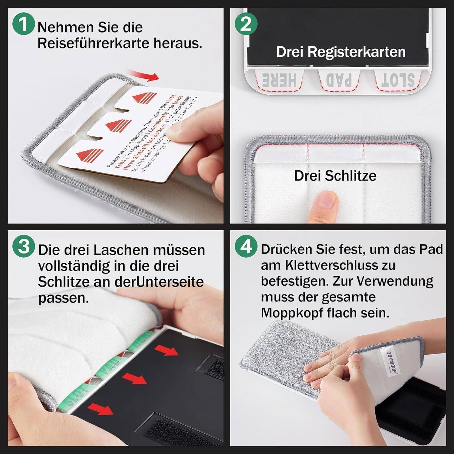 Anleitung zum Einsetzen einer Karte in einen geschlitzten Halter: 1. Karte herausnehmen. 2. Drei Laschen identifizieren. 3. Laschen mit Schlitzen ausrichten. 4. Mit Klettverschluss für flache Lagerung befestigen.