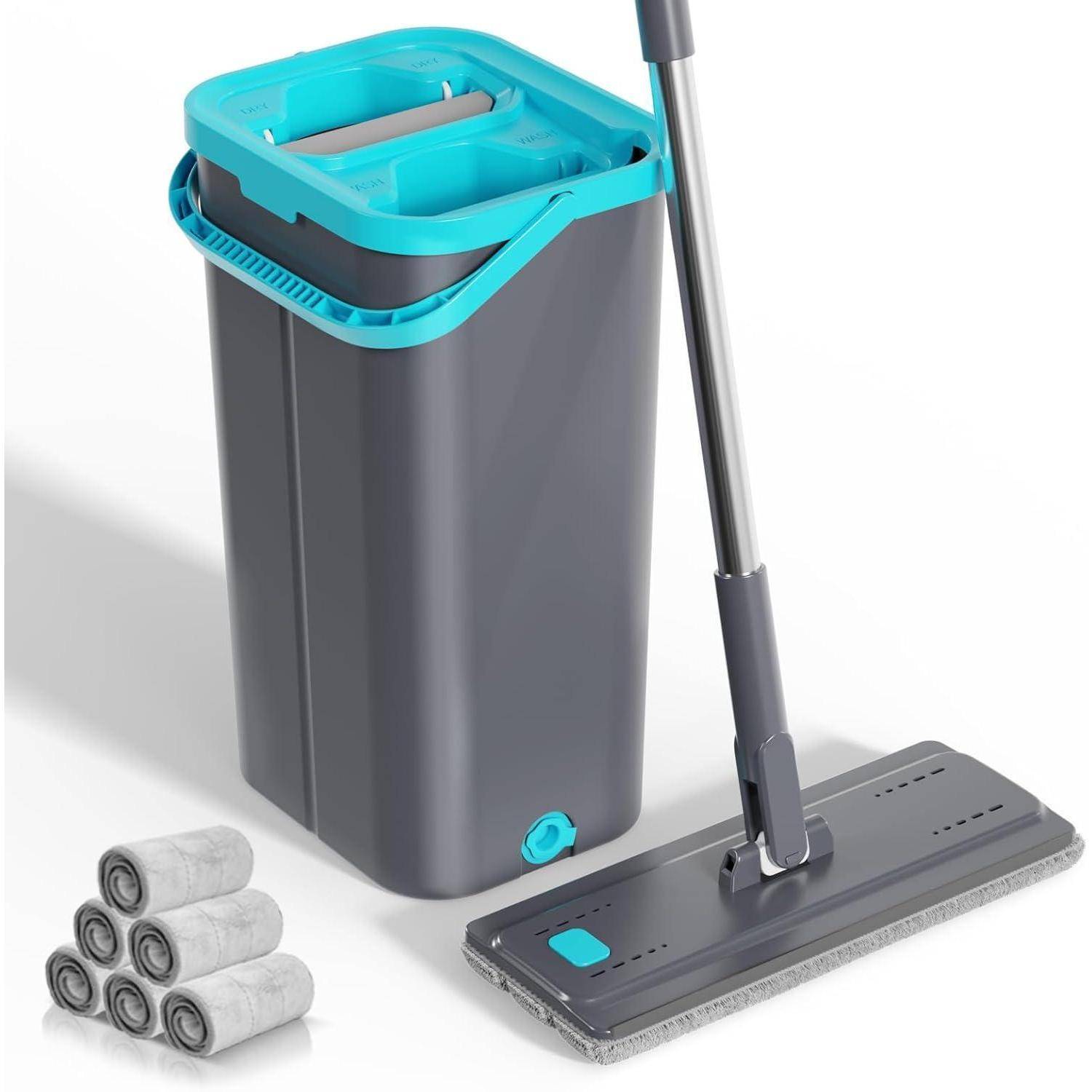 Wischmopp Set mit Eimer 2 In 1, 6 Mikrofaser