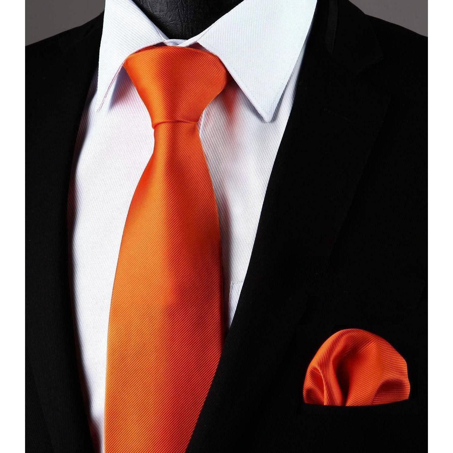 Krawatte Herren Hochzeit Einstecktuch Set einfarbig L- Orange
