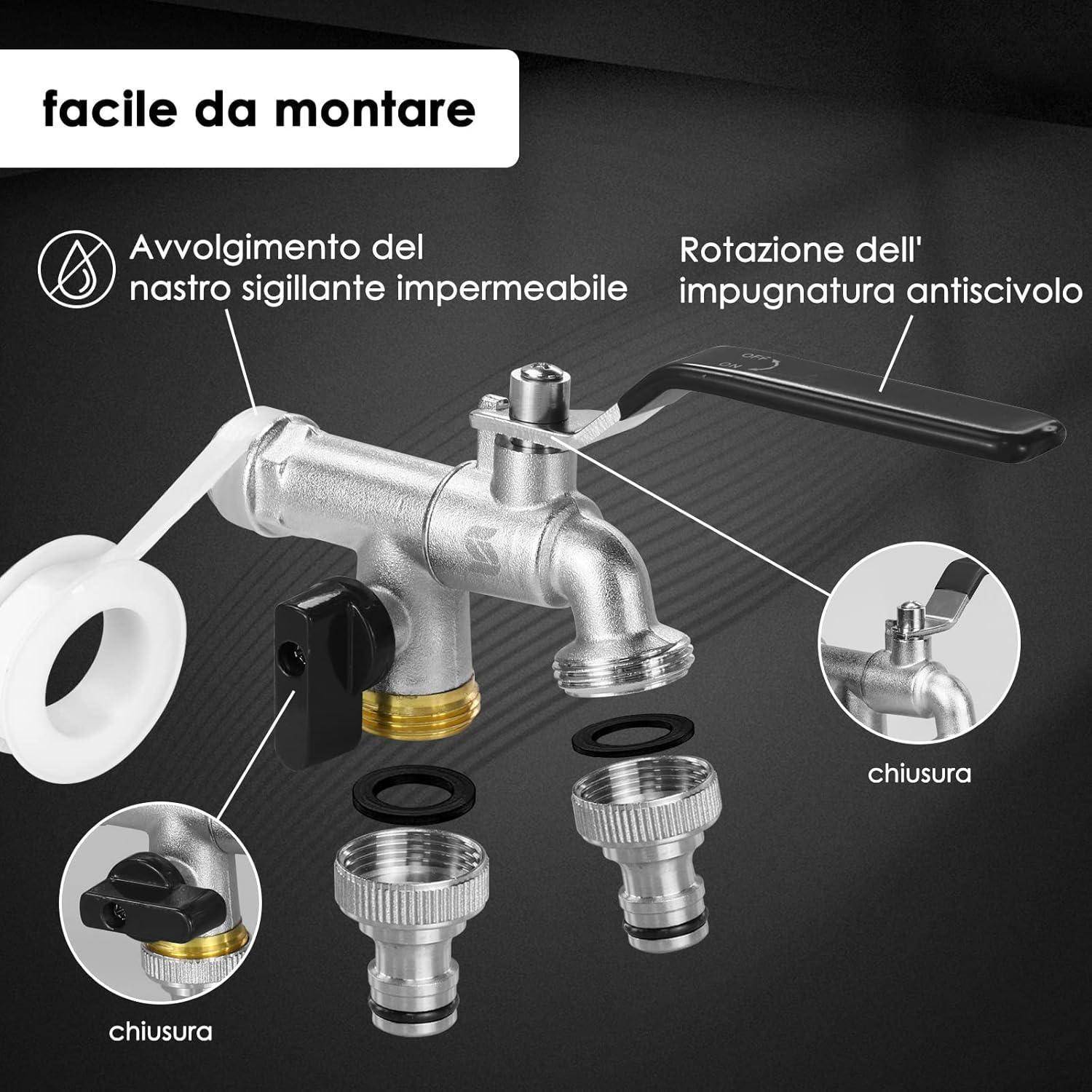Wasserhahn 'Leicht zu montieren' mit Beschreibungen, die 'Wickeln des wasserdichten Dichtbandes' zeigen, Armaturen und Anschlussteile.