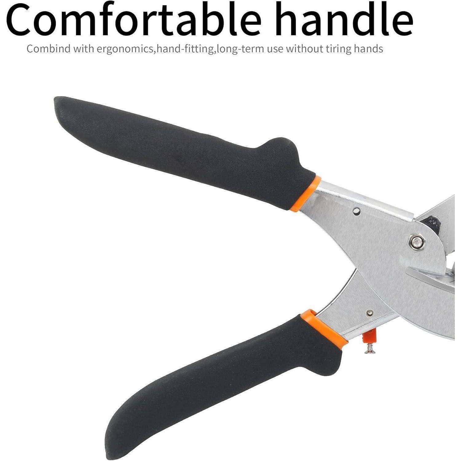 Ein Handwerkzeug mit einem schwarzen ergonomischen Griff wird gezeigt, wobei das Merkmal ‚komfortabler Griff' hervorgehoben wird, der darauf ausgelegt ist, Handfatigue zu verhindern.