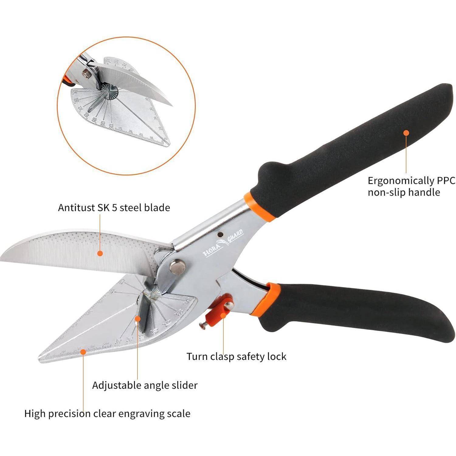 Universell einsetzbare Schere mit SK 5 Stahlklinge, verstellbarem Winkelgleiter, ergonomischem rutschfestem Griff und integrierter Sicherheitssperre.