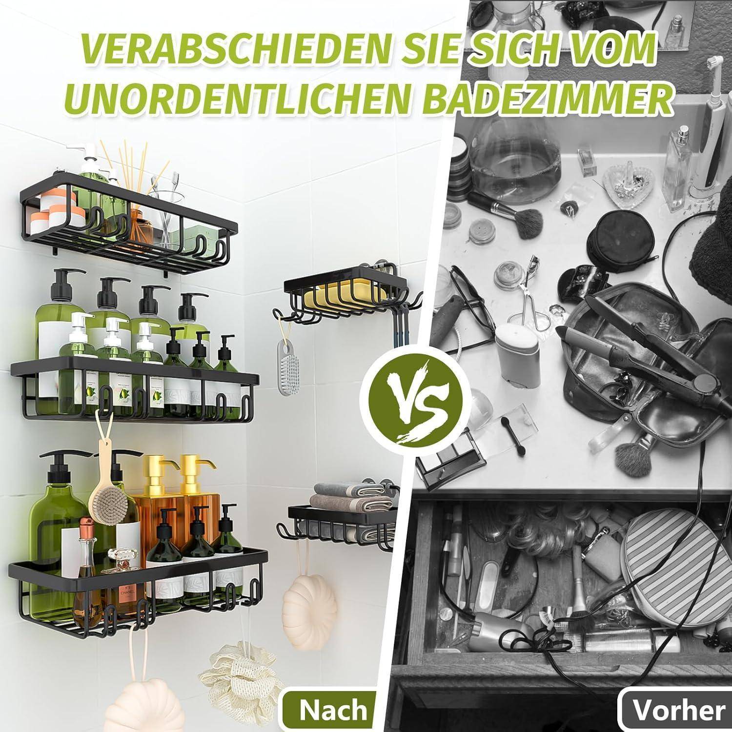 Vergleich von Badezimmern im Nebeneinander: linke Seite zeigt aufgeräumte Regale mit beschrifteten Seife- und Shampooflaschen; rechte Seite ist unordentlich. Text lautet: 