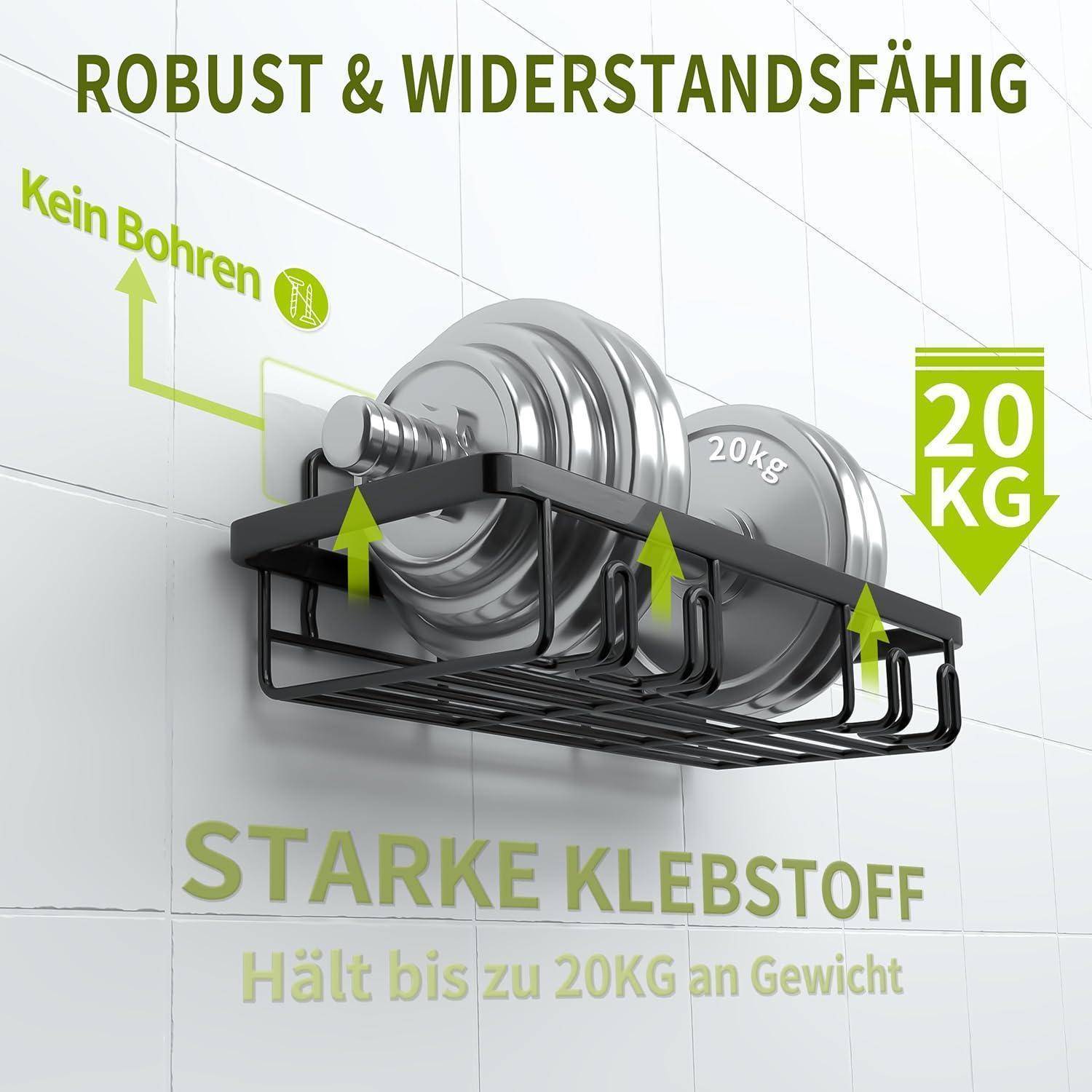 Wandmontiertes schwarzes Regal zur Gewichtsaufbewahrung, das bis zu 20 kg tragen kann. Der Text auf Deutsch hebt den starken Klebstoff hervor, ohne dass Bohren erforderlich ist.
