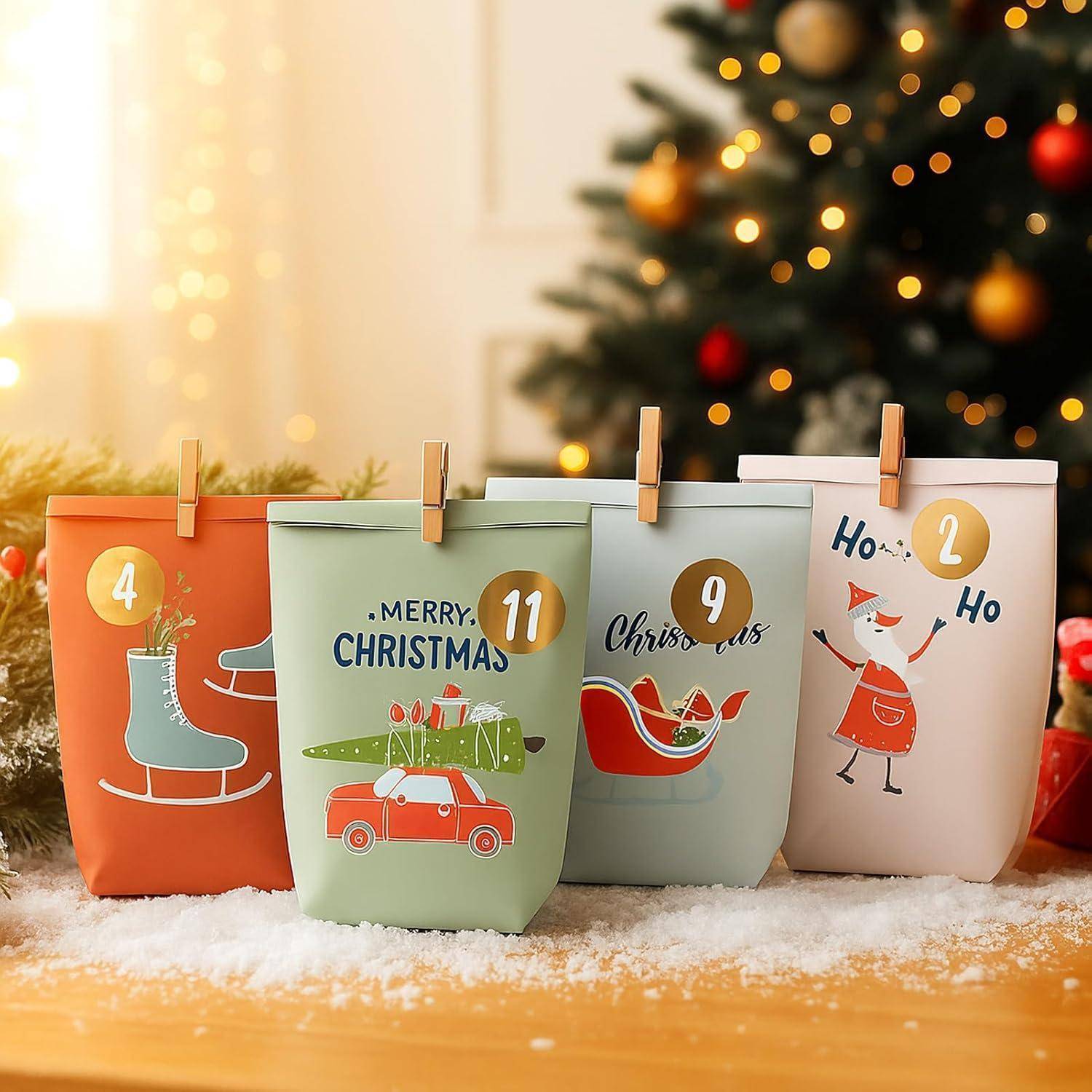 Adventskalendertüten Kraftpapiertüten Geschenktüten 24 Winter bunt1