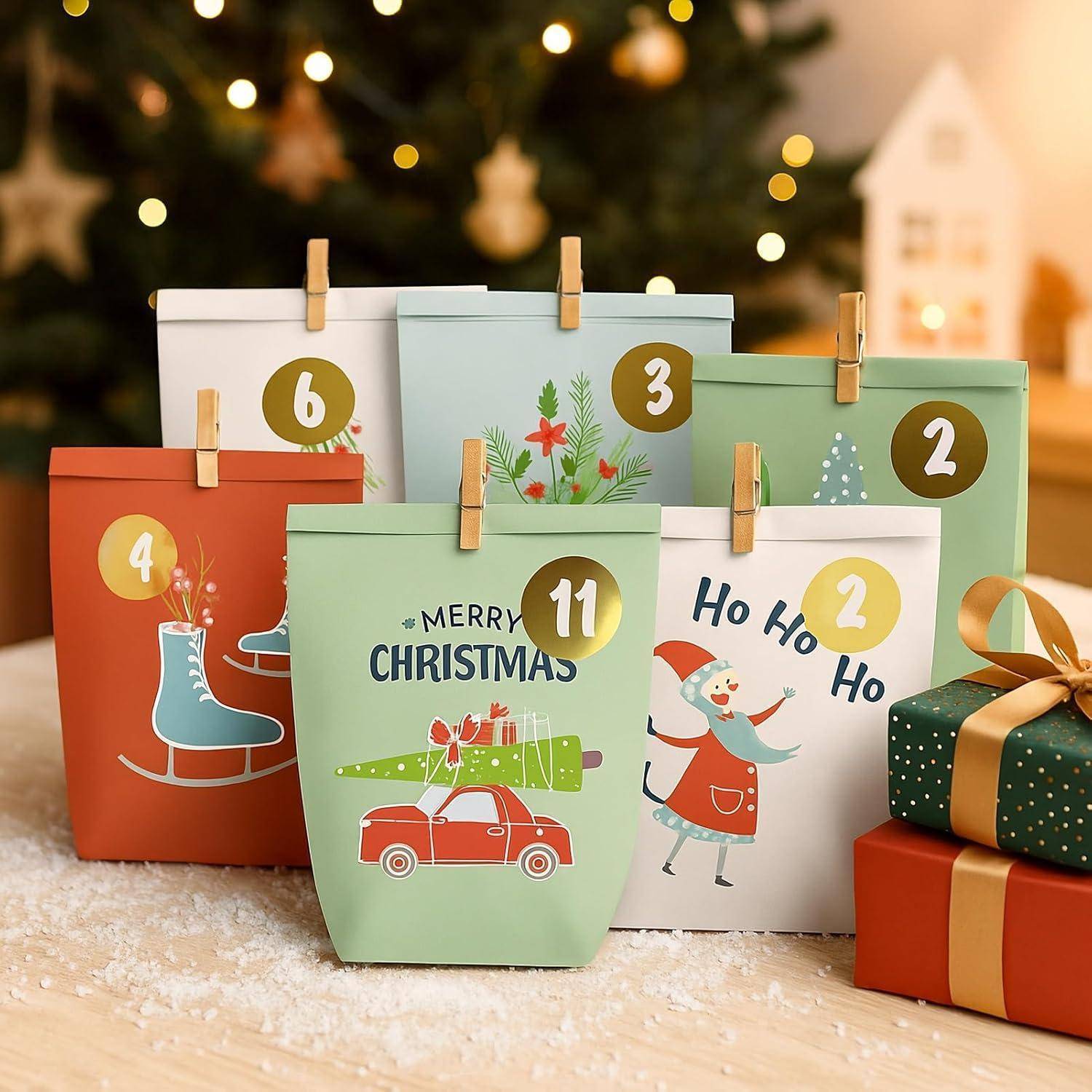 Adventskalendertüten Kraftpapiertüten Geschenktüten 24 Winter bunt1