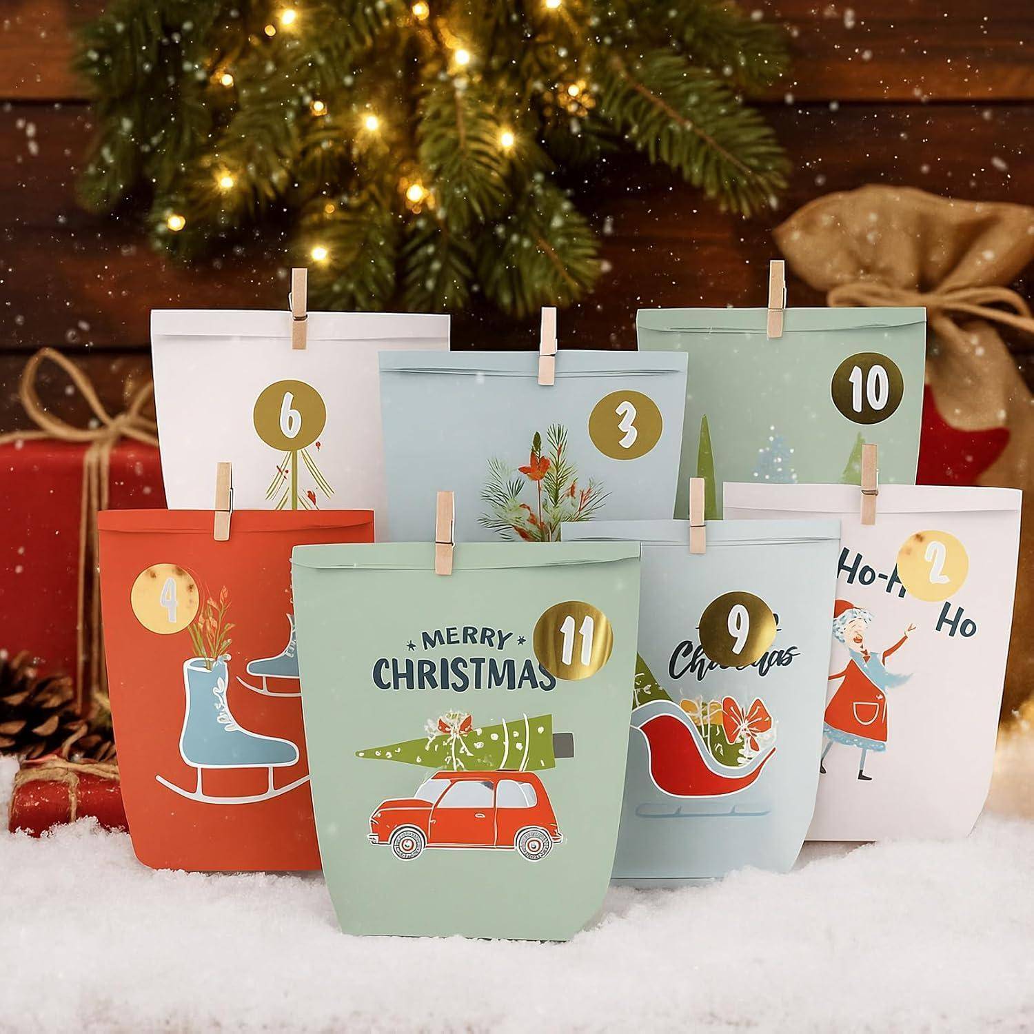 Adventskalendertüten Kraftpapiertüten Geschenktüten 24 Winter bunt1
