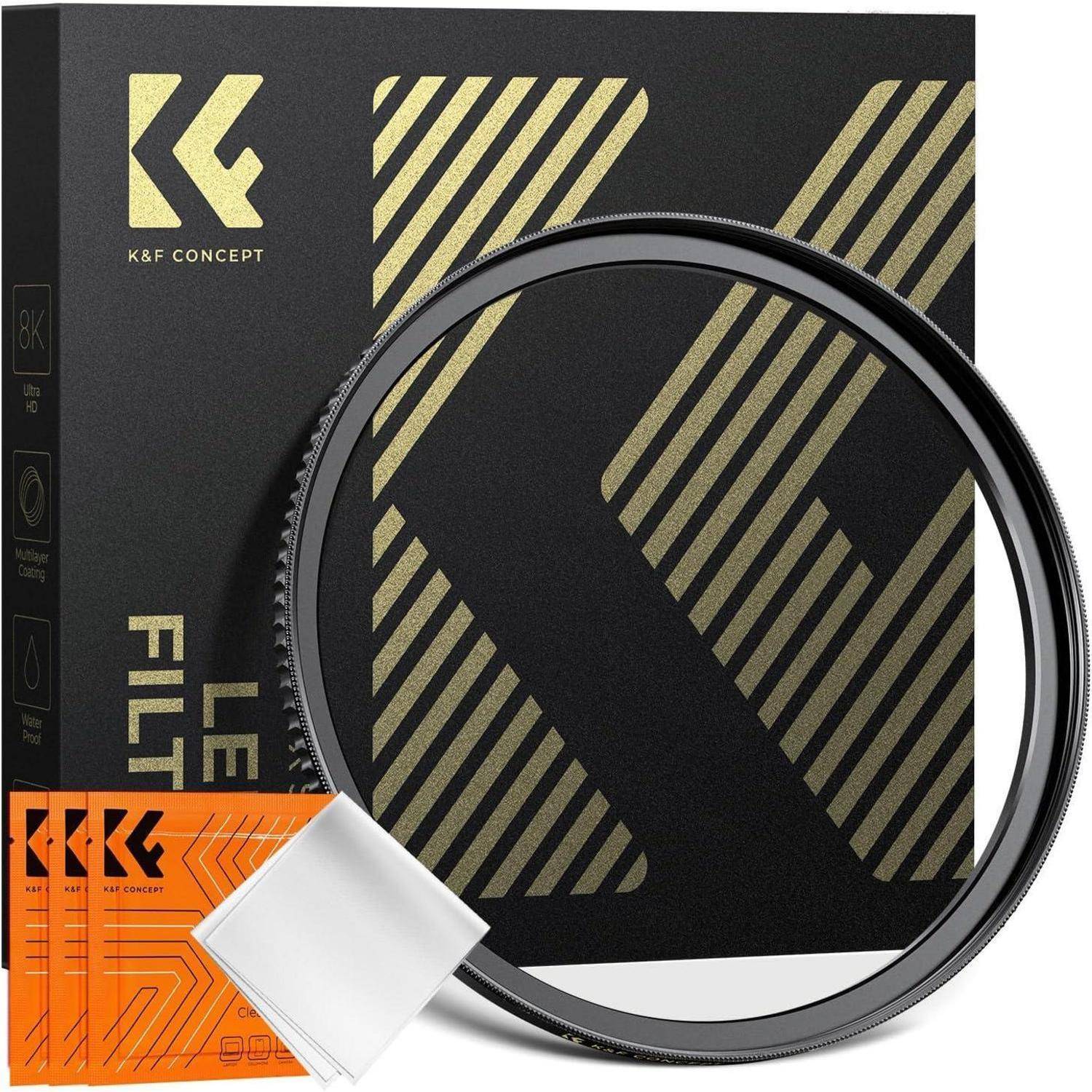 K&F Concept Objektivfilterbox mit einem Rundfilter, Reinigungstuch und Filterkarten, mit goldenen und schwarzen Designelementen.