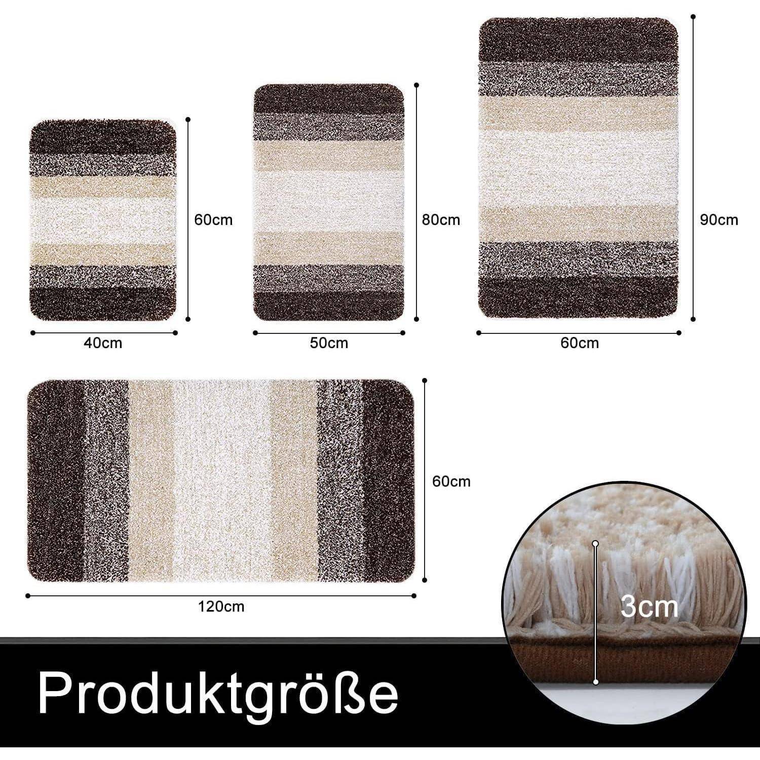 Badematte in vier Größen. Oberste Reihe: 40x60 cm, 50x80 cm, 60x90 cm. Unterste Reihe: 60x120 cm. Einschub zeigt Mattenstärke: 3 cm. Text: 'Produktgröße'.