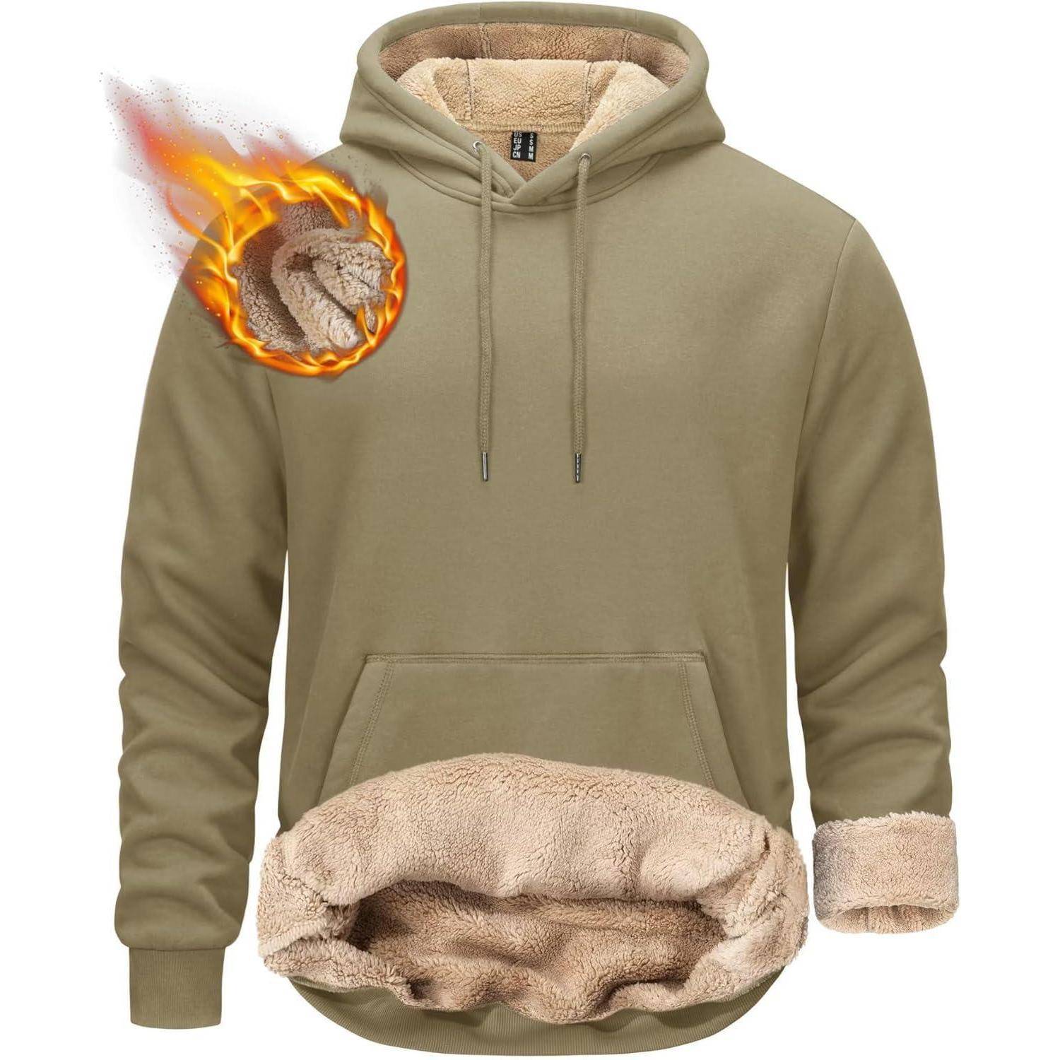 Ein beige-brauner Hoodie mit einem weichen, flauschigen Innenfutter wird gezeigt. Ein hochgerollter Ärmel, der die warme Auskleidung illustriert, wird mit einem feurigen Effekt dargestellt.
