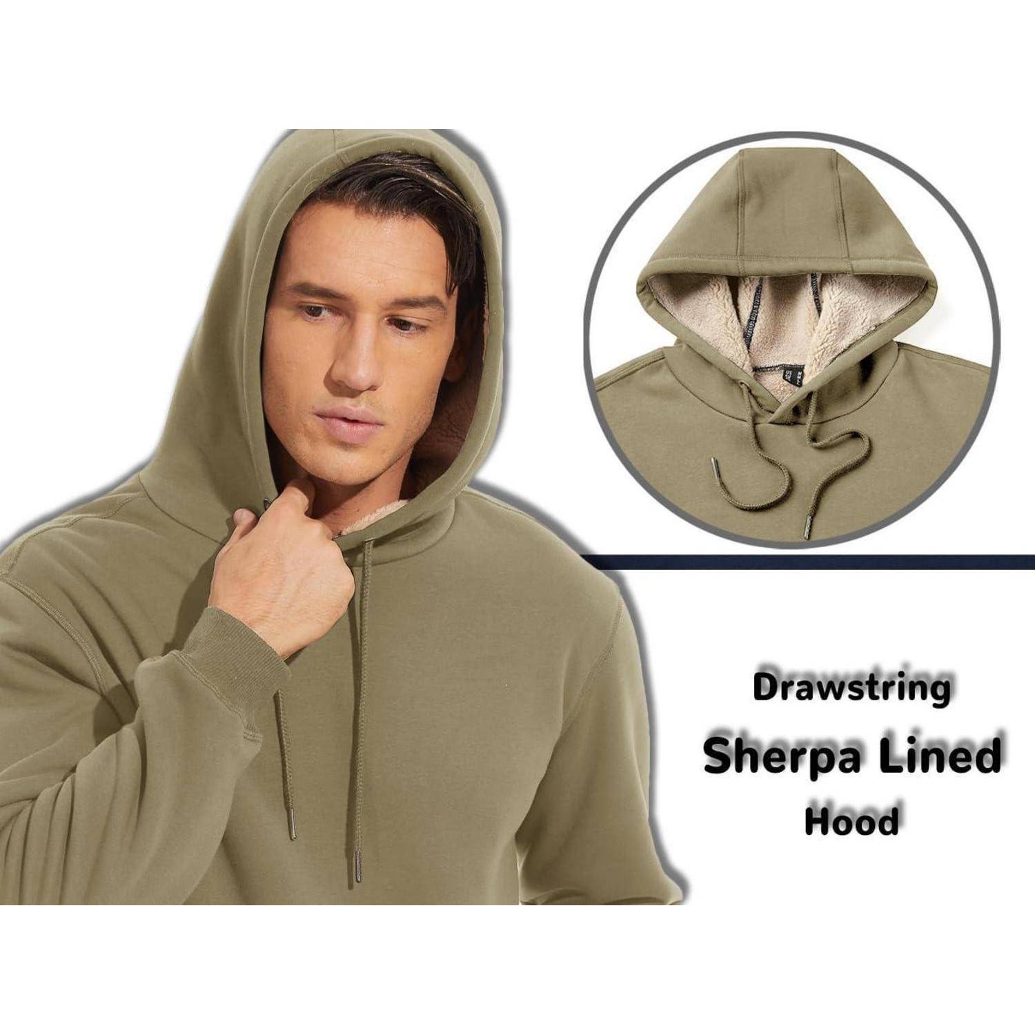 Mann trägt einen Khaki-Kapuzenpullover mit Kordelzug und Sherpa-Futter mit einer Detailaufnahme der Kapuze. Text lautet: 