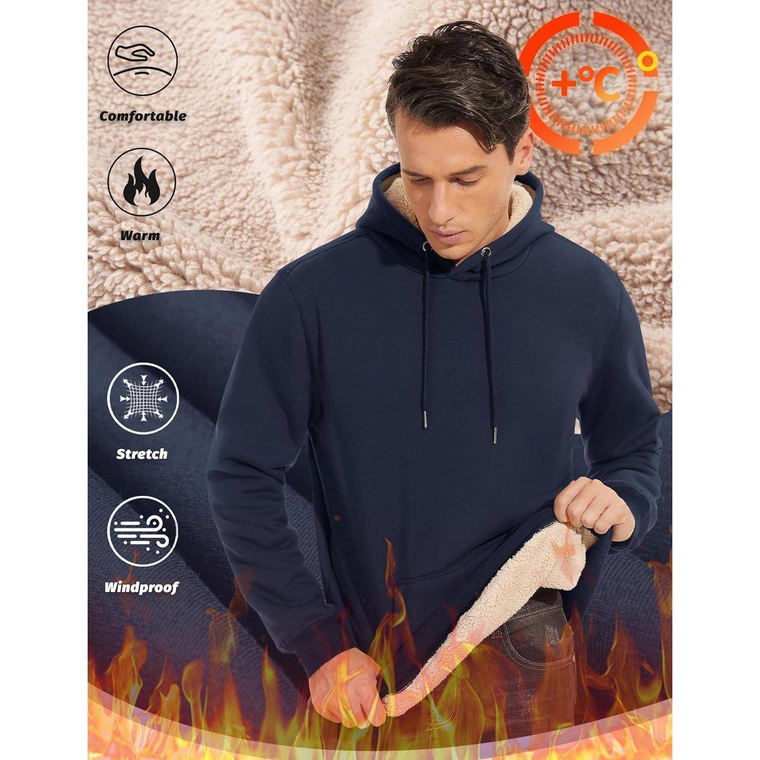 Hoodie Herren Sherpa gefüttert Kängurutasche Winddicht S Dunkelblau