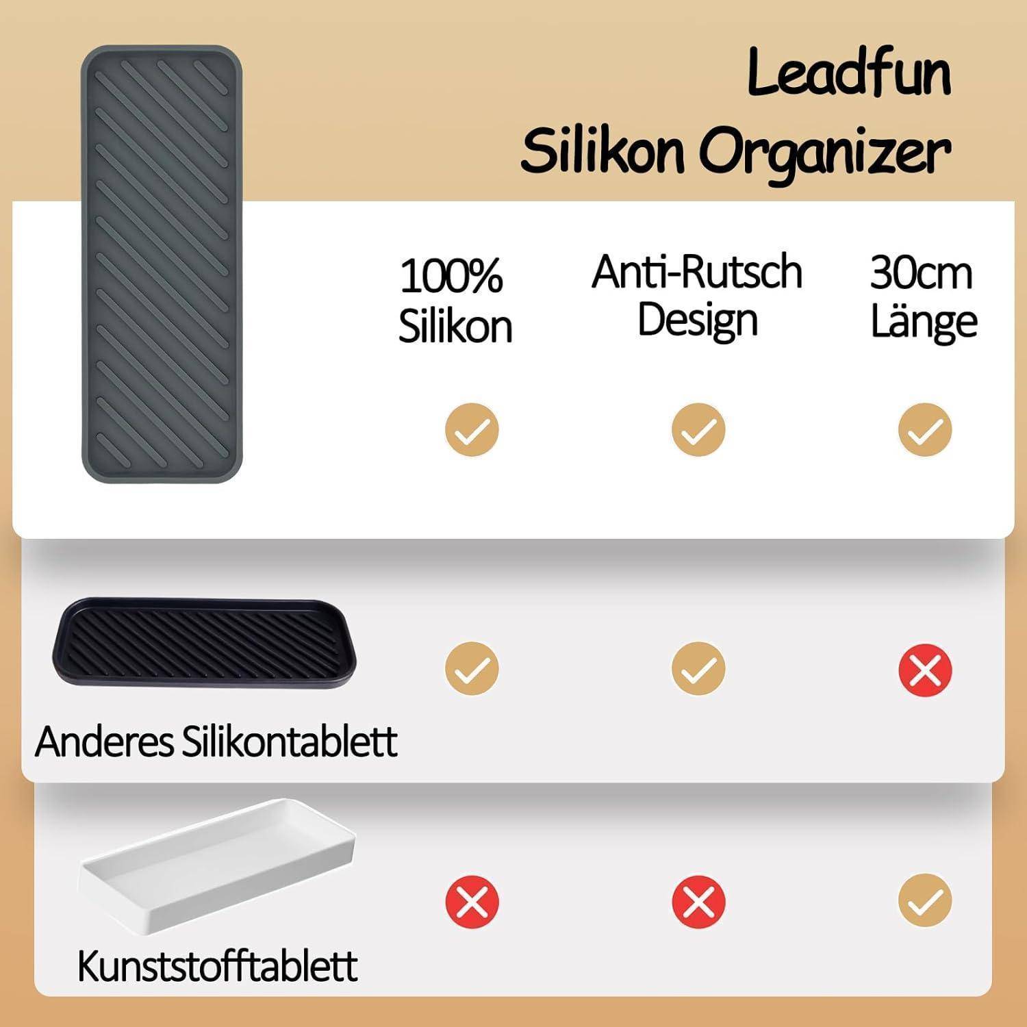Der 'Leadfun Silikon Organizer' bietet ein Design aus 100% Silikon mit rutschfester Oberfläche, 30 cm Länge. Ein Vergleich zeigt die Vorteile gegenüber alternativen Tabletts.