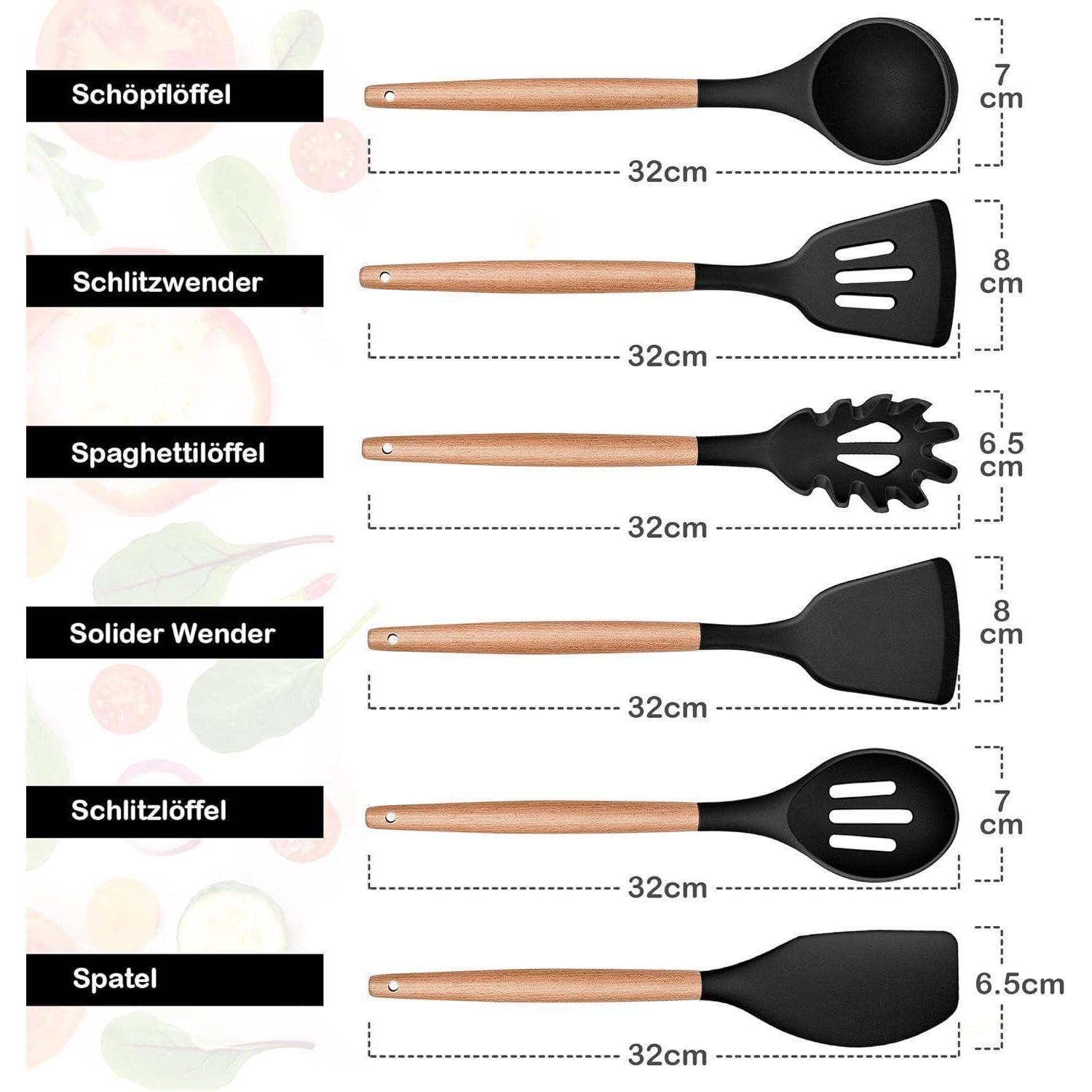 Küchenhelfer Silikon 6teilig Holzgriff Hitzebeständig Schwarz