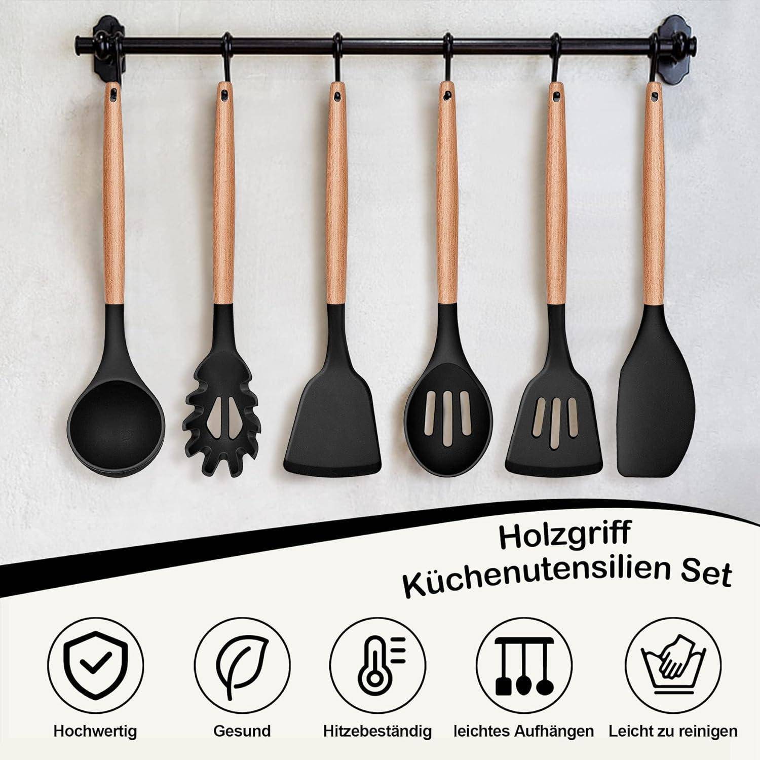 Küchenhelfer Silikon 6teilig Holzgriff Hitzebeständig Schwarz