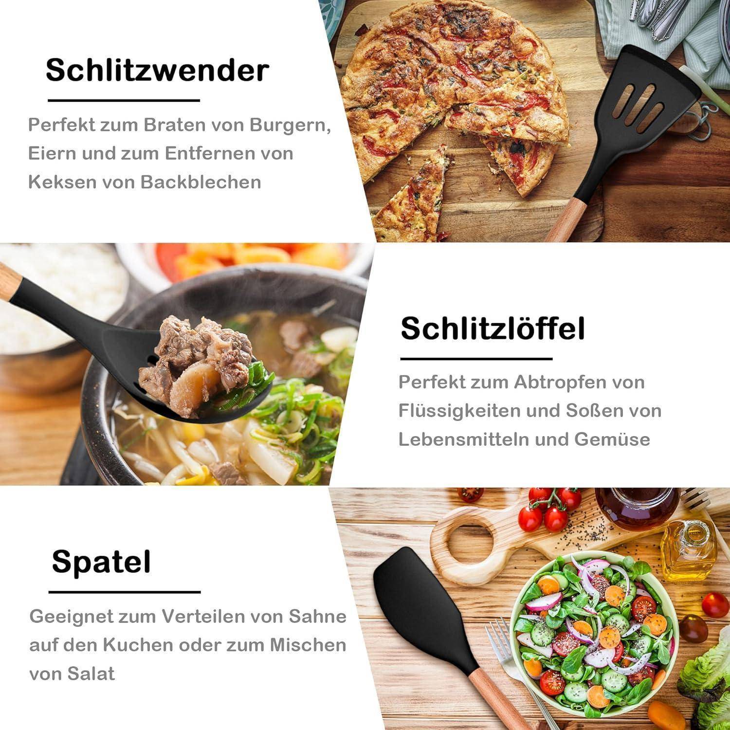 Küchenhelfer Silikon 6teilig Holzgriff Hitzebeständig Schwarz