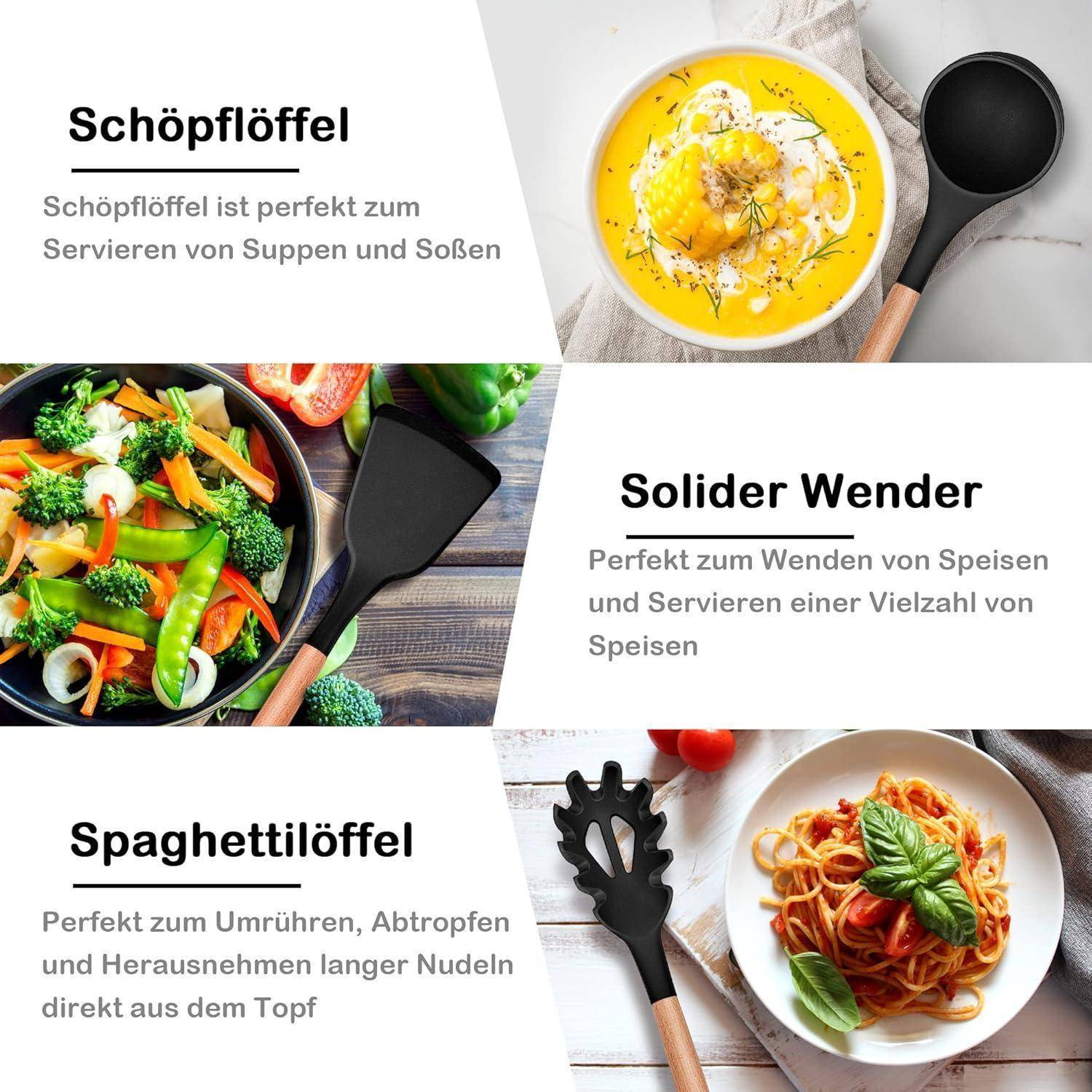 Küchenhelfer Silikon 6teilig Holzgriff Hitzebeständig Schwarz
