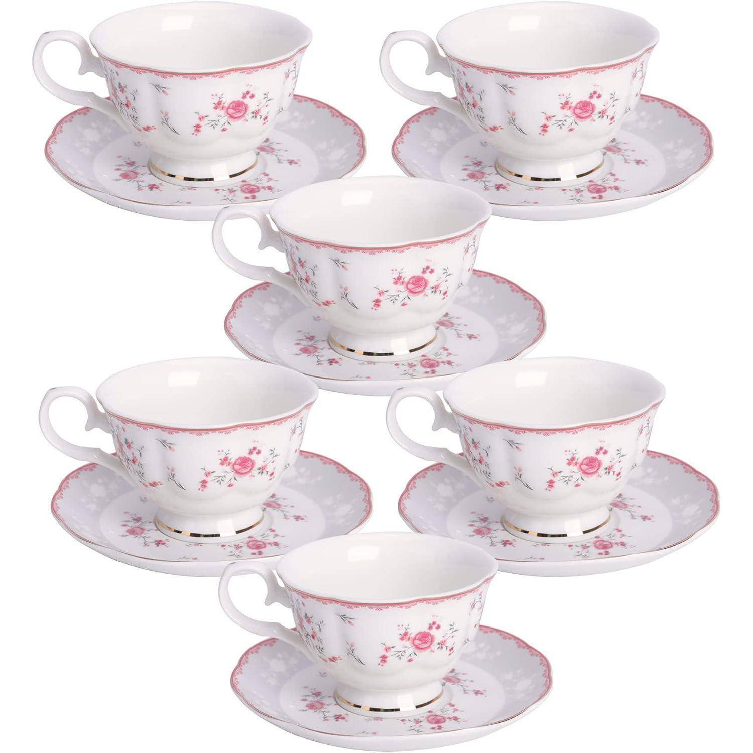 Teetasse Set 6 Porzellan Goldrand Untertasse 150ml Rose Rosa Tassen