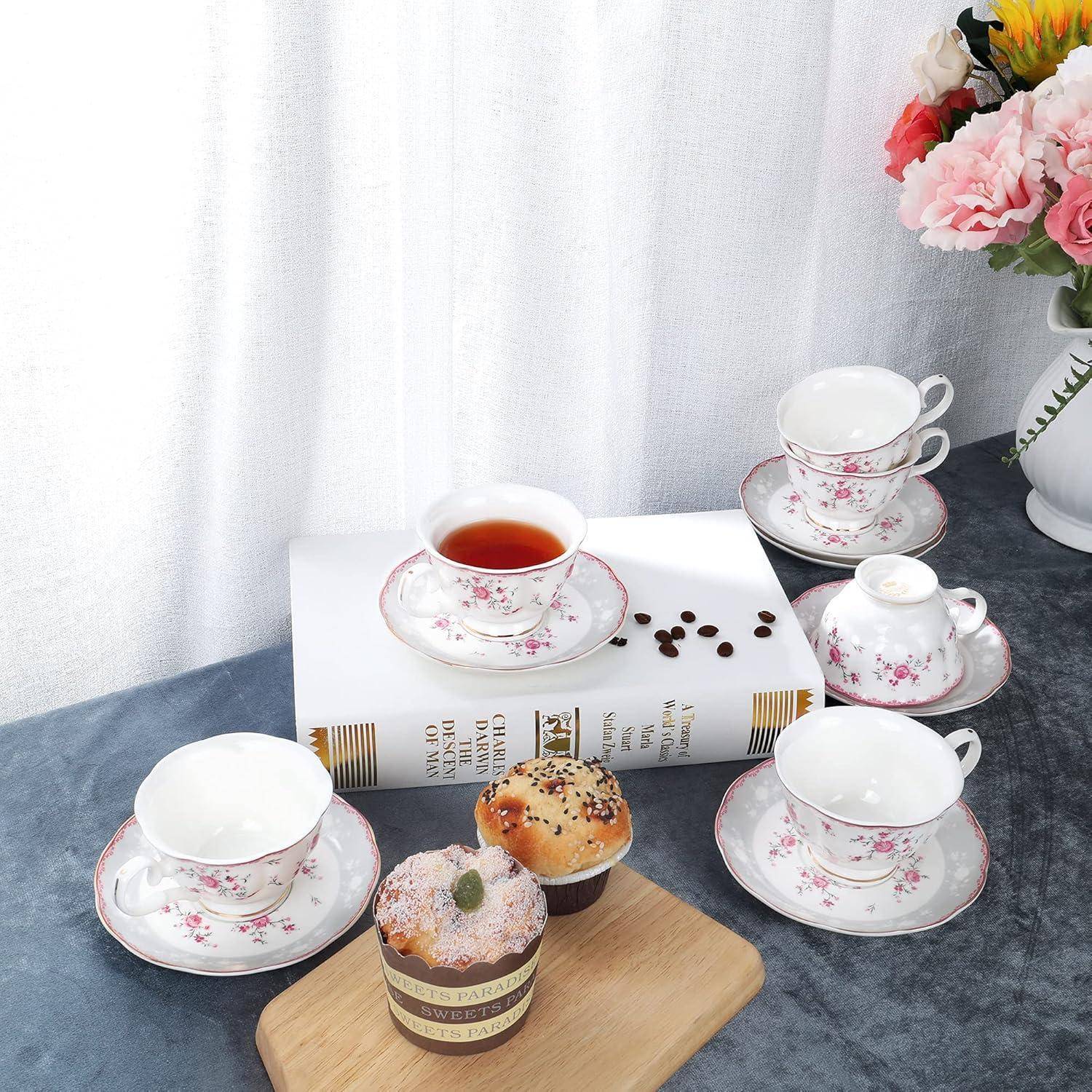 Teetasse Set 6 Porzellan Goldrand Untertasse 150ml Rose Rosa Tassen