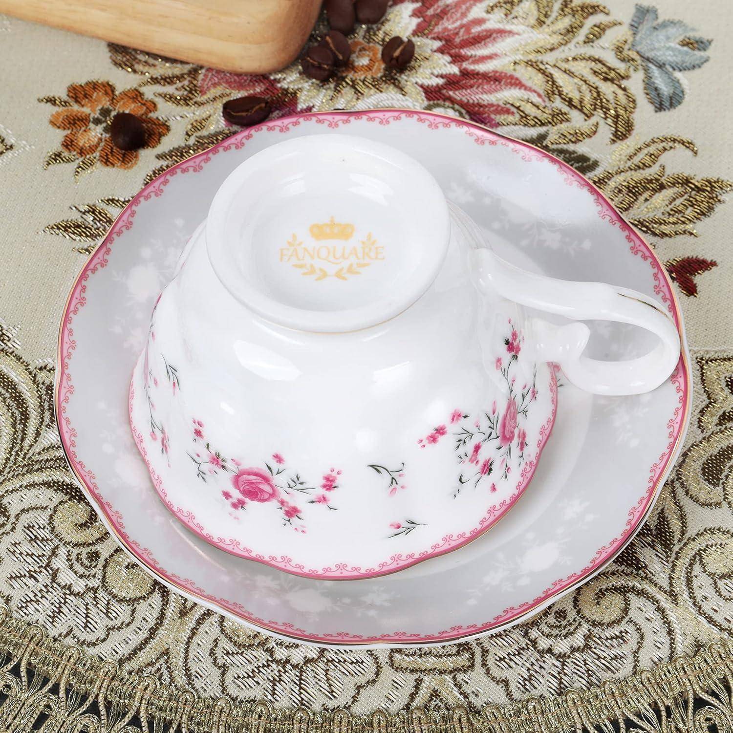 Teetasse Set 6 Porzellan Goldrand Untertasse 150ml Rose Rosa Tassen