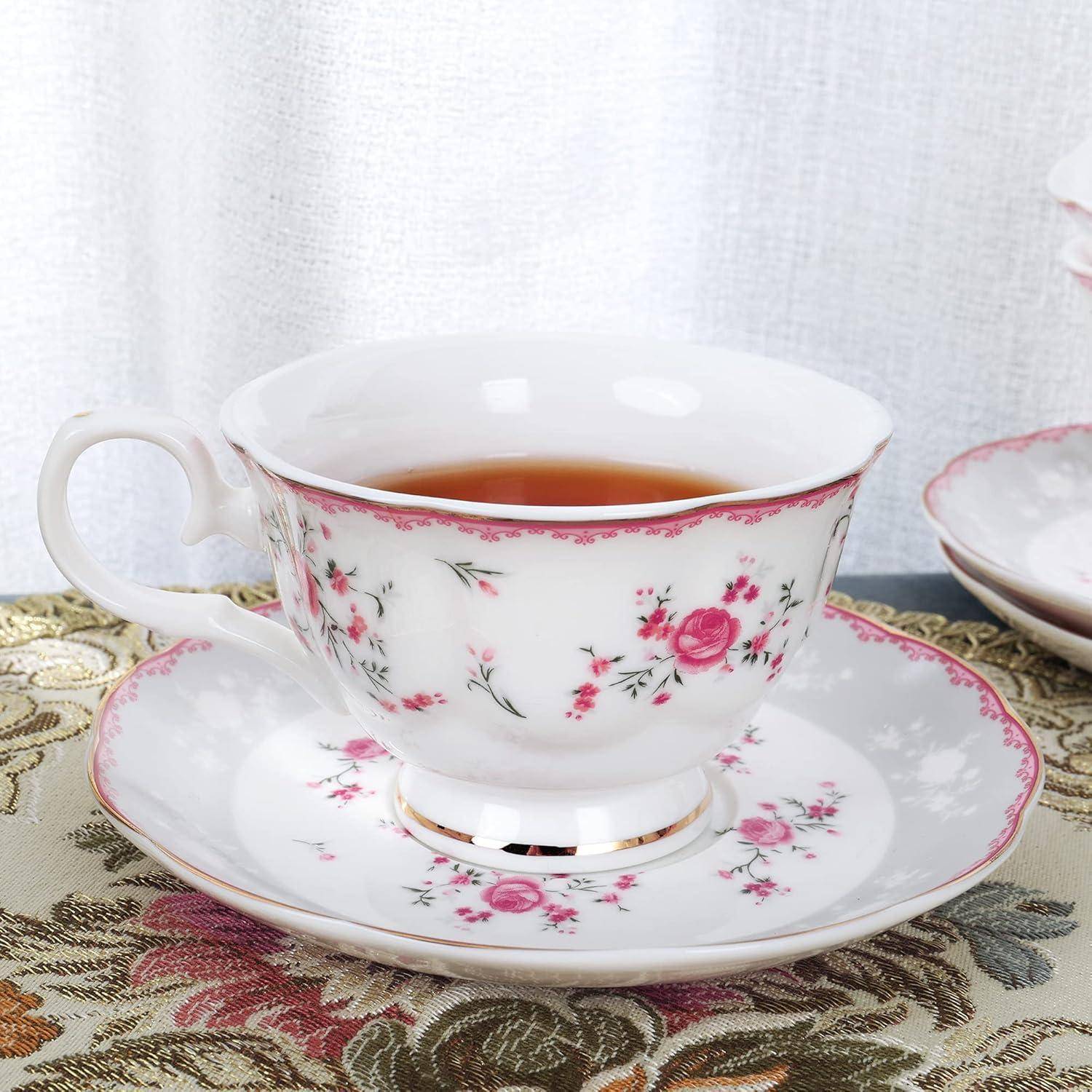 Teetasse Set 6 Porzellan Goldrand Untertasse 150ml Rose Rosa Tassen
