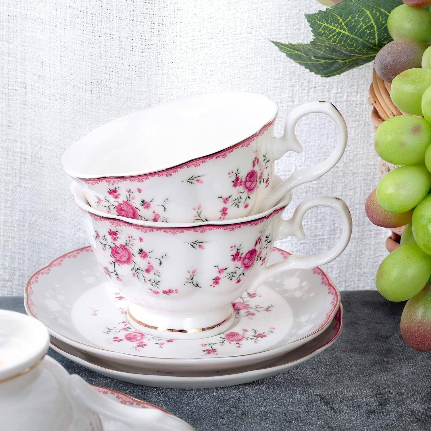 Teetasse Set 6 Porzellan Goldrand Untertasse 150ml Rose Rosa Tassen