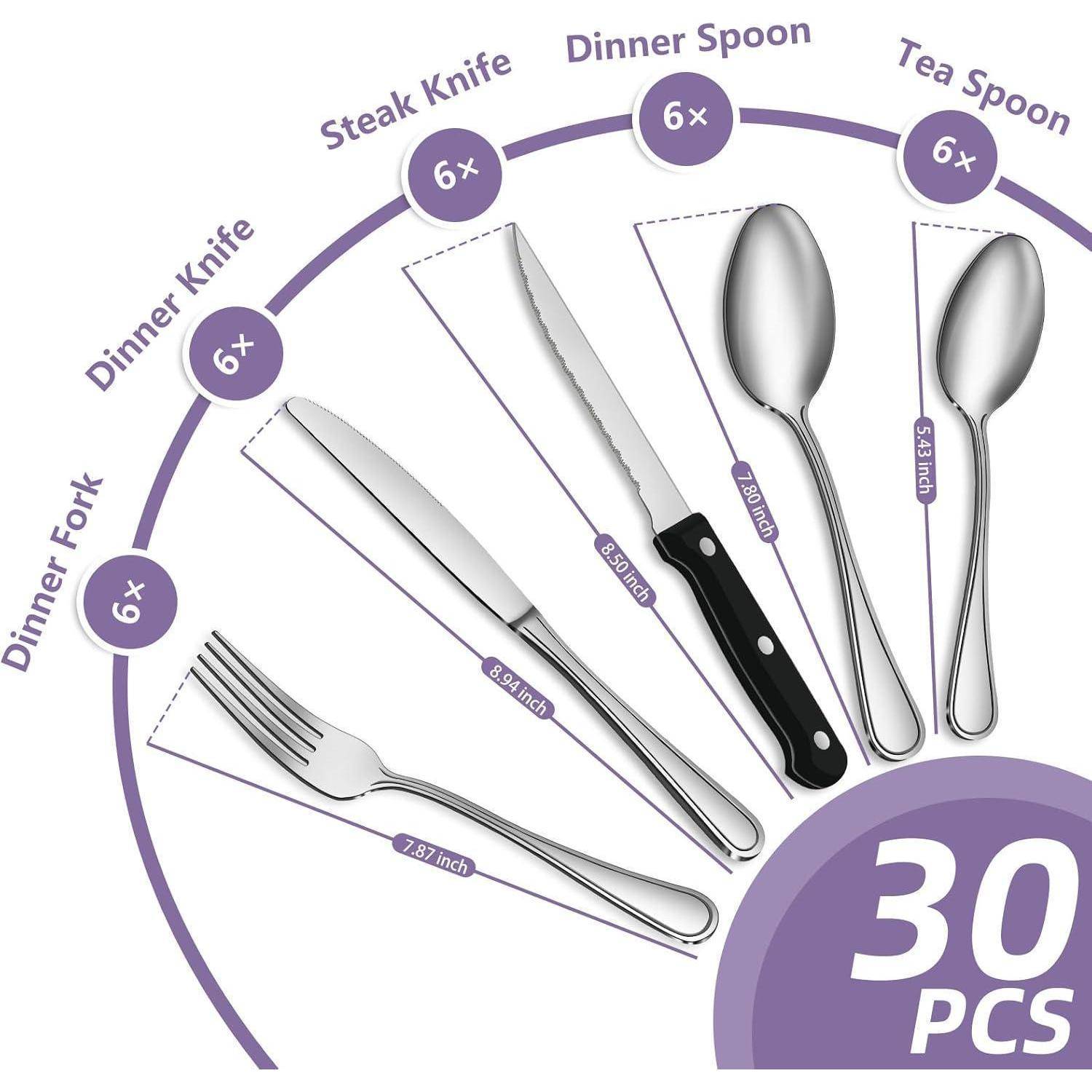 Besteckset 30teilig Edelstahl 6 Personen Steakmesser Breiter Griff 30