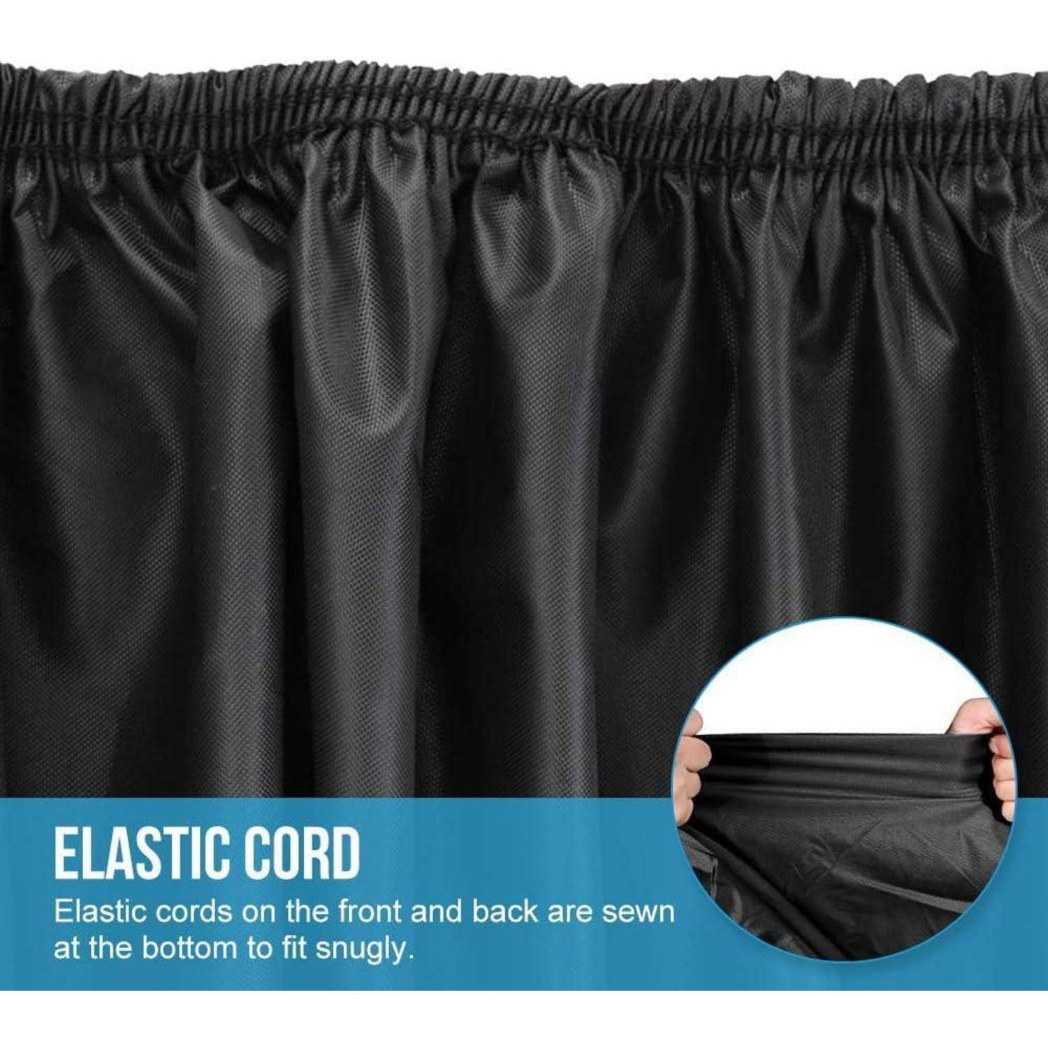 Eine 'Elastische Kordel' beschreibt einen schwarzen Vorhang mit angenähten elastischen Kordeln an Ober- und Unterseite für eine eng anliegende Passform, dargestellt in einer Detailansicht.