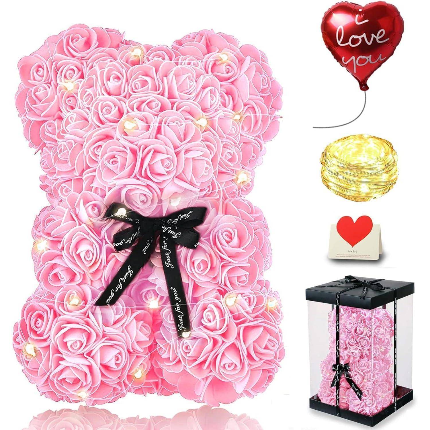 Rosenbär Teddybär 250 Blumen Muttertag Geschenkbox Liebeskarte Rosa