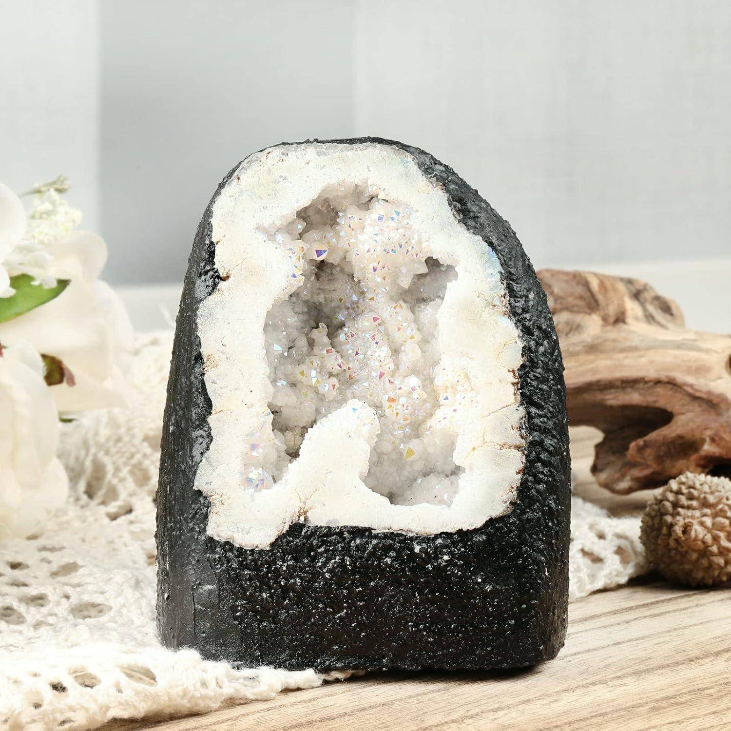 Kristall Rohstück Geode Quarz Cluster Edelstein Ornament Weiß 200-370g