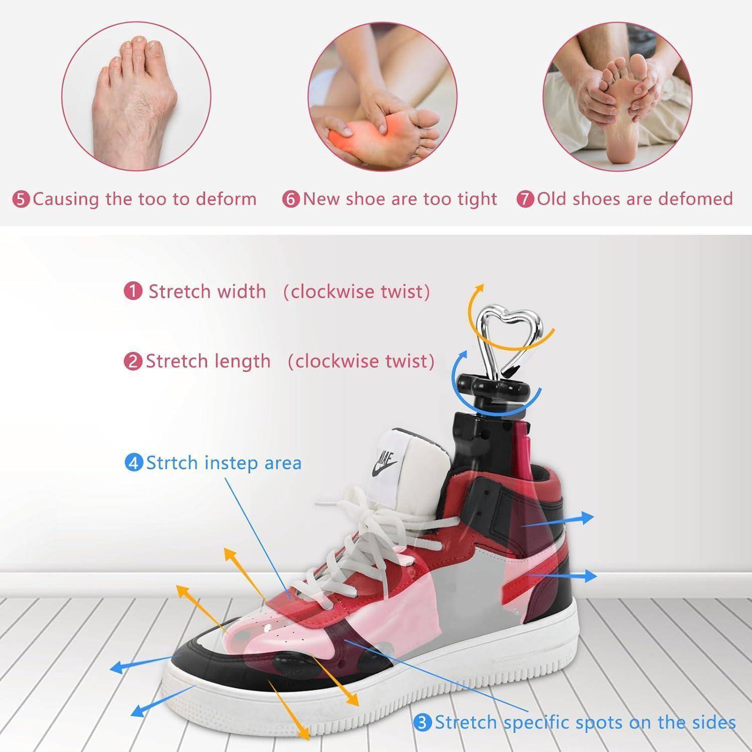 Schuhstreckvorrichtung demonstriert, wie man Breite, Länge und Seiten dehnt, um Schuhe besser an die Füße anzupassen und enge oder verformte Schuhe zu verbessern.