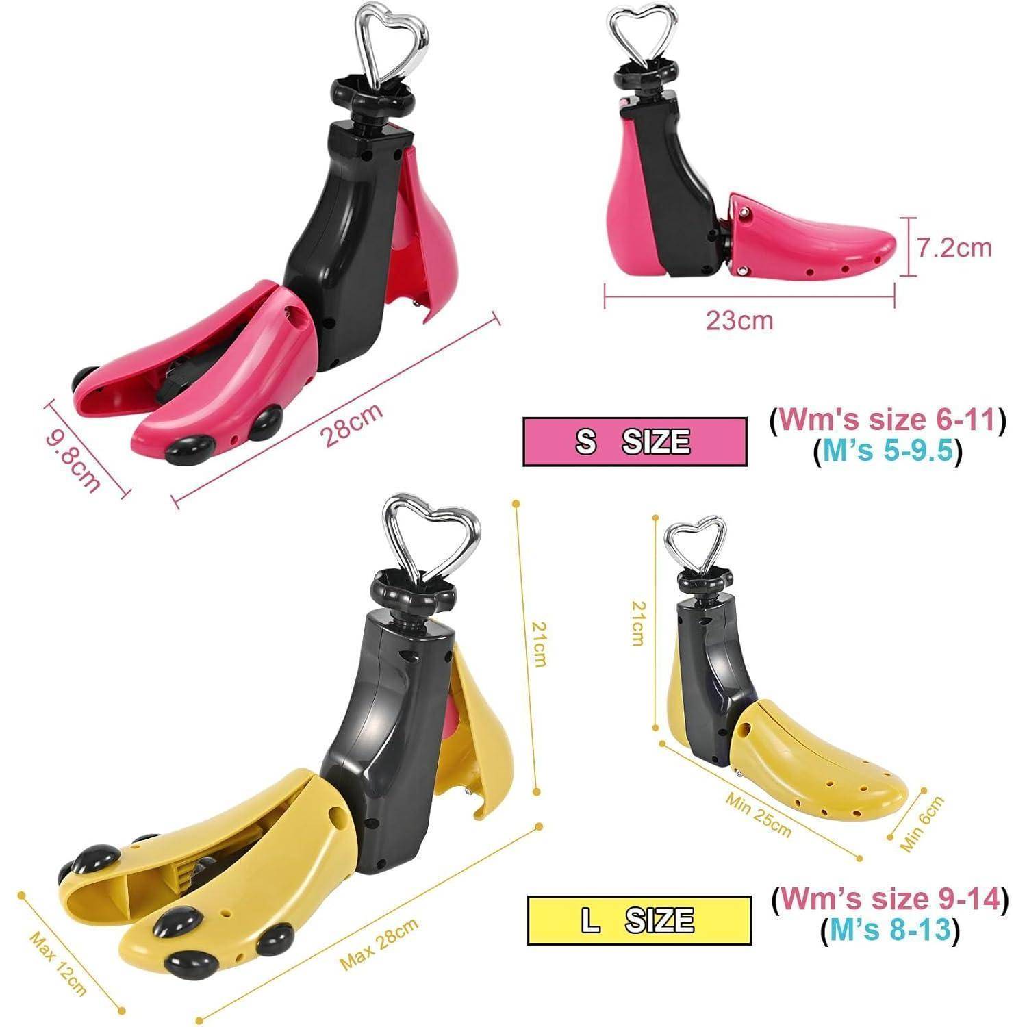 Schuhspanner in Größe 'S' in pink und Größe 'L' in gelb mit Maßangaben. 'S' passt für Damenschuhgrößen 6-11/Herrenschuhgrößen 5-9,5, 'L' passt für Damenschuhgrößen 8-13.